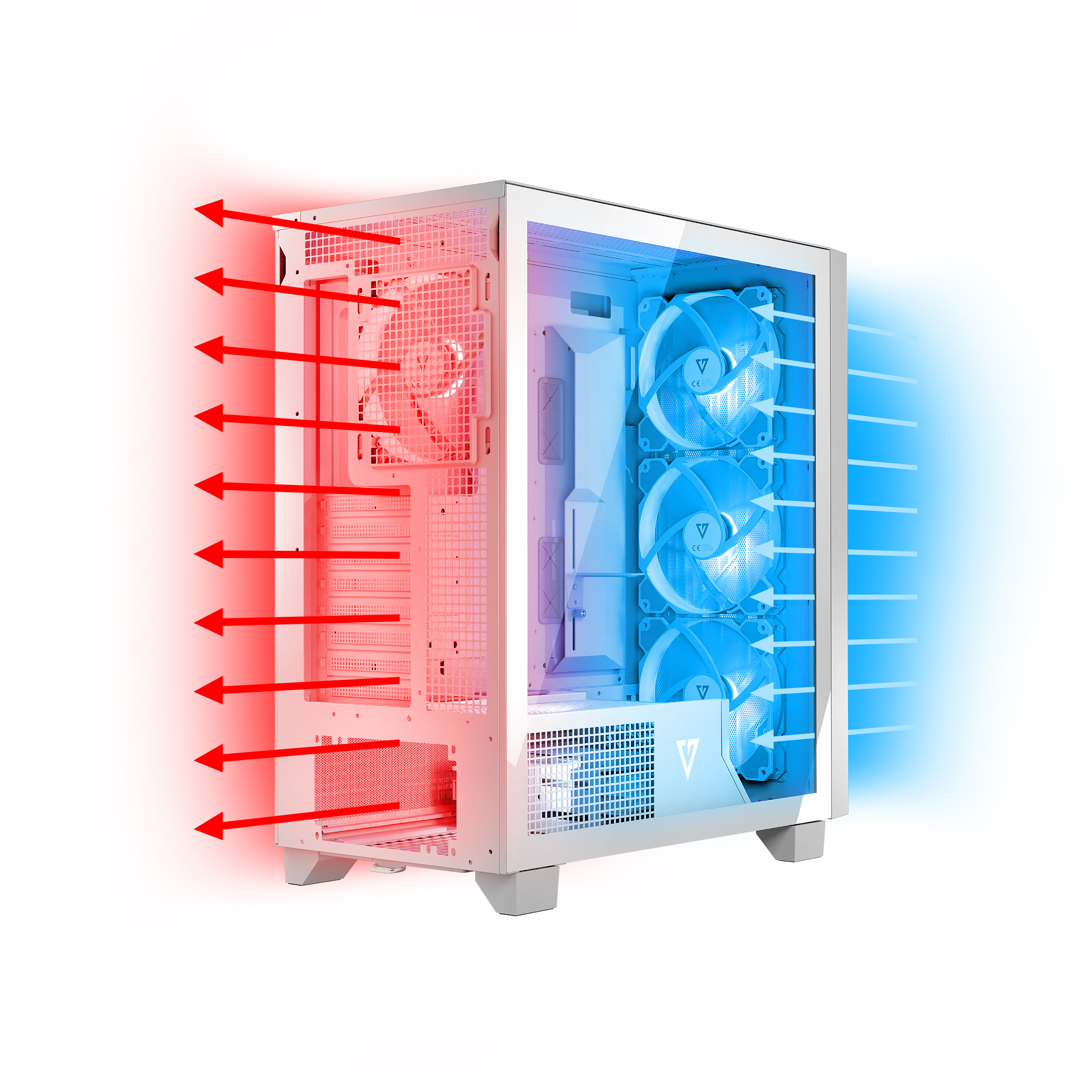 Biała obudowa komputera z czerwonymi i niebieskimi strzałkami przepływu powietrza, wskazującymi chłodzenie. Obudowa ma wentylatory i przezroczysty panel.