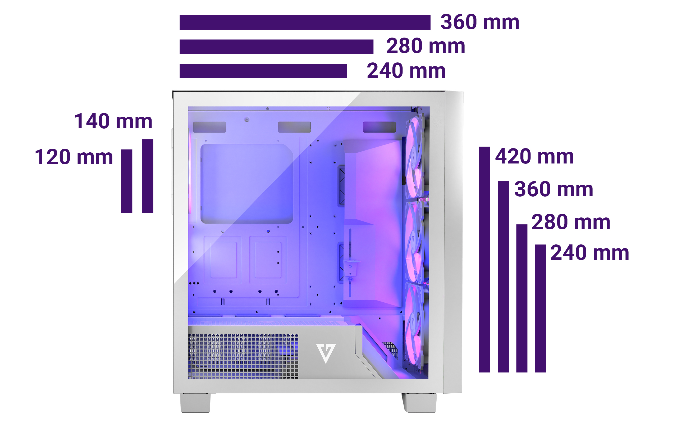 Obudowa komputera ze wskazaniami rozmiaru. Pokazuje wymiary w mm. Obudowa jest biała.