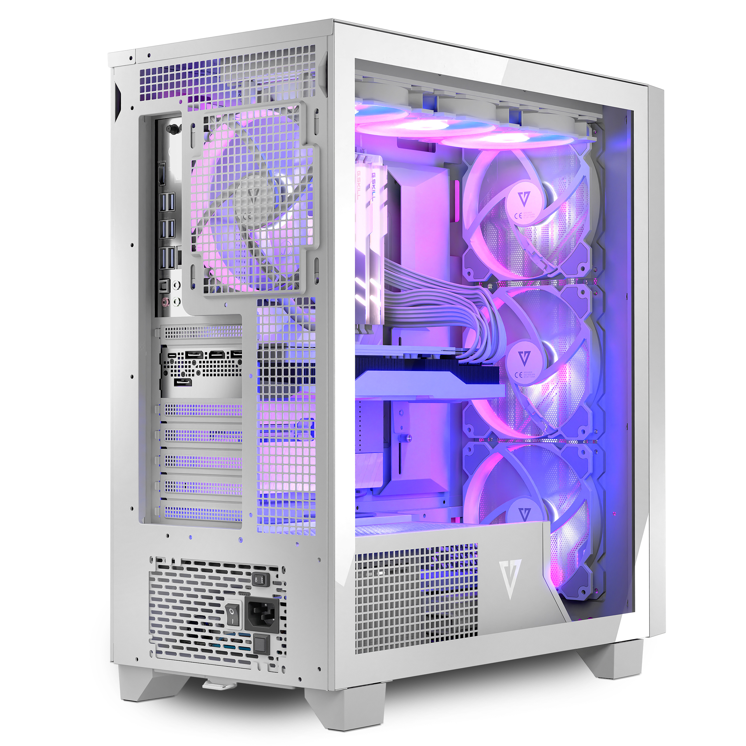 Biała obudowa komputera z przezroczystym panelem bocznym, pokazująca podzespoły wewnętrzne.