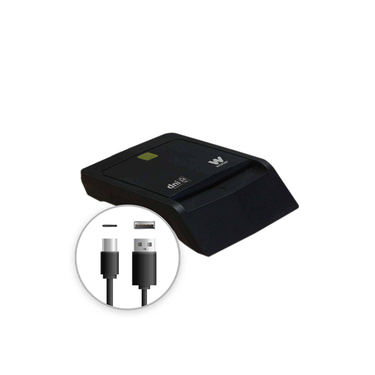 Un lettore di schede nero con connettori USB e USB-C. Uno sfondo bianco.