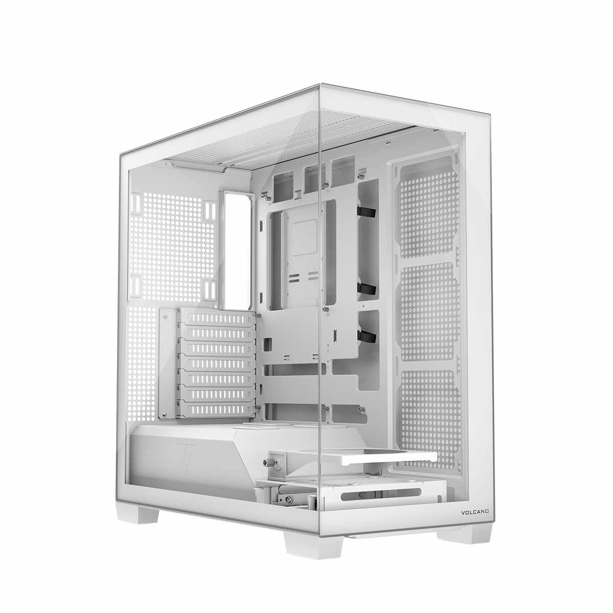 Biała obudowa komputera z przezroczystym panelem bocznym, pokazująca wnętrze. Obudowa jest pusta, oczekuje na komponenty.