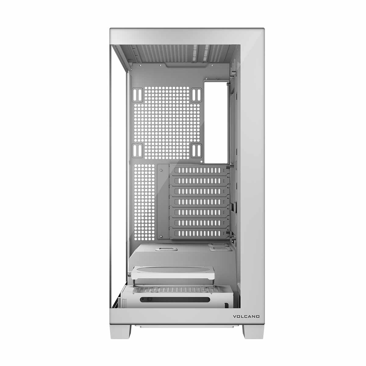 Biała obudowa komputera z przezroczystym panelem bocznym, pokazująca wnętrze. Komponenty nie są zainstalowane.