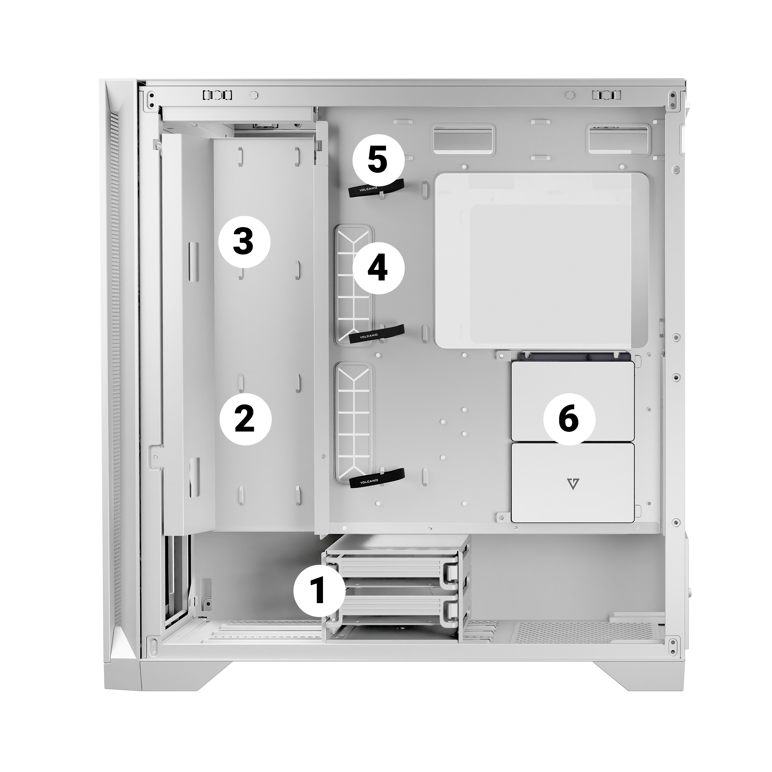 Widok wnętrza białej obudowy komputera z ponumerowanymi elementami, pokazujący układ.