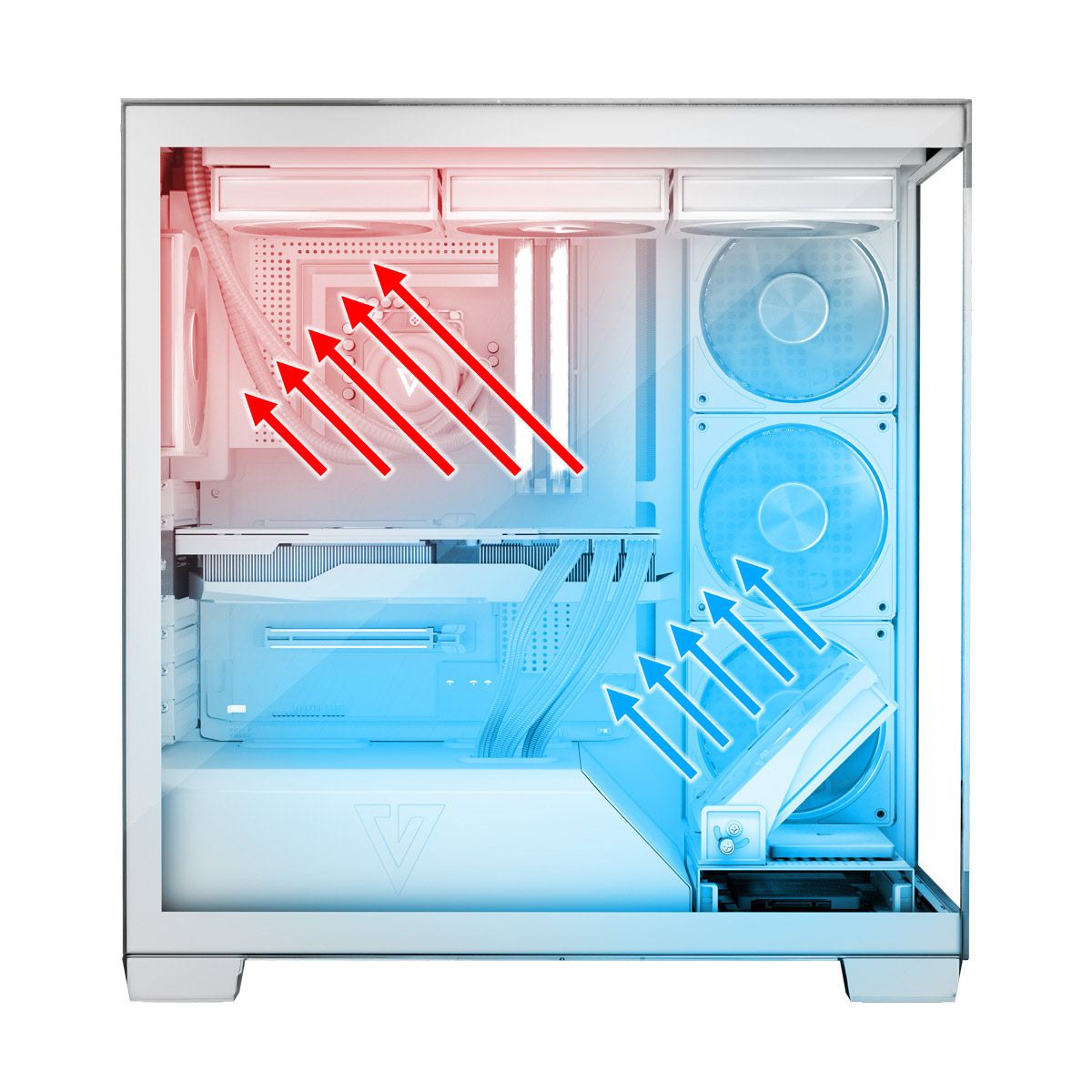 Wnętrze białej obudowy komputera ze schematem przepływu powietrza, pokazującym czerwone i niebieskie strzałki kierunkowe.