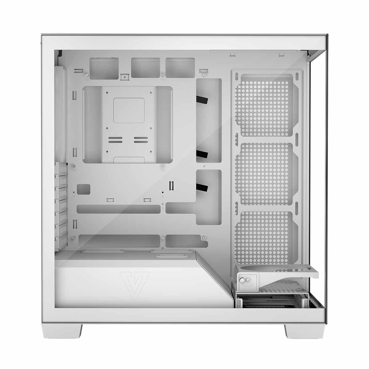 Biała obudowa komputera, widok otwarty. Przezroczysty panel boczny, widoczne komponenty wewnętrzne. Dół z nóżkami.