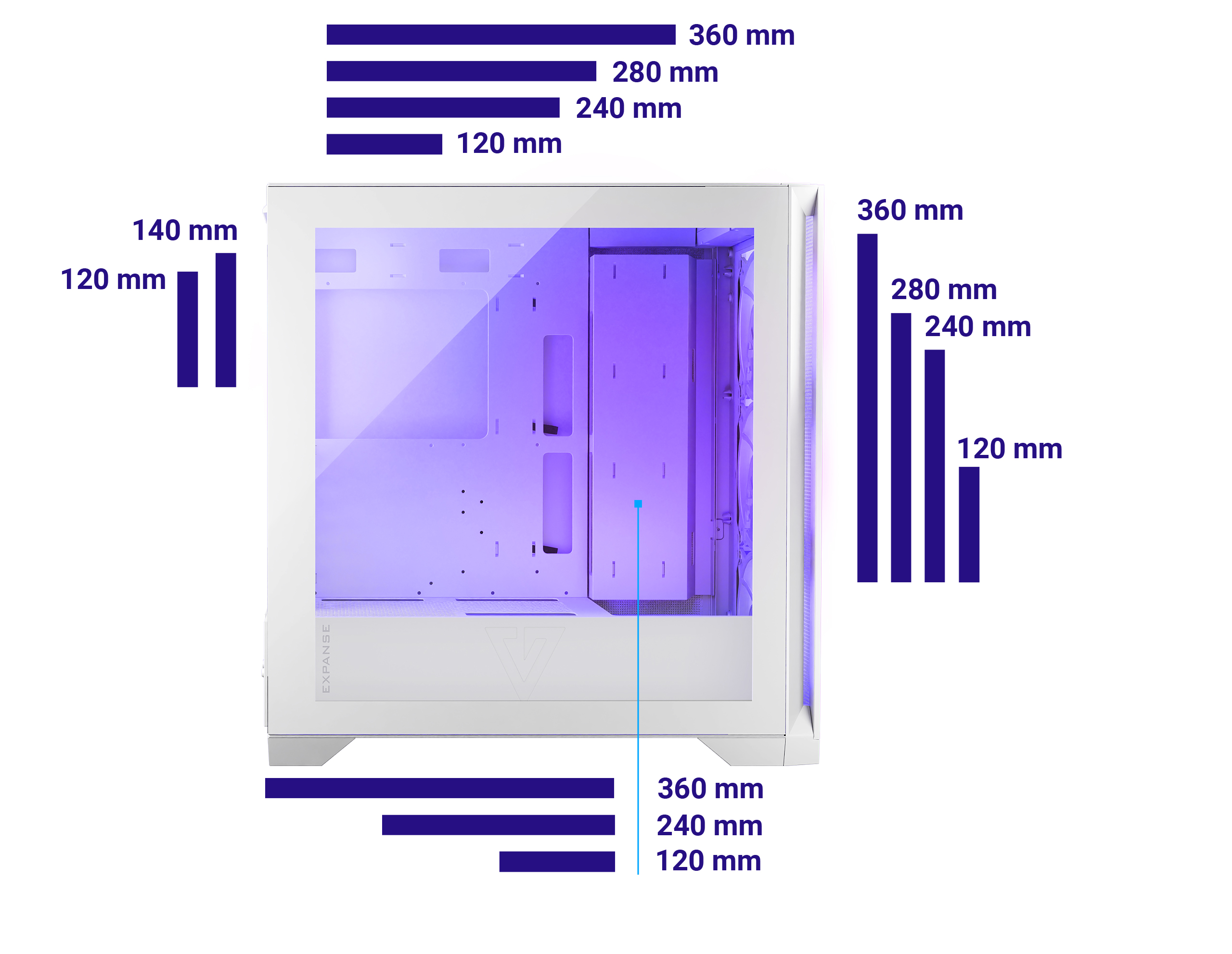Biała obudowa komputera ze wskazanymi wymiarami i fioletowym podświetleniem wnętrza.