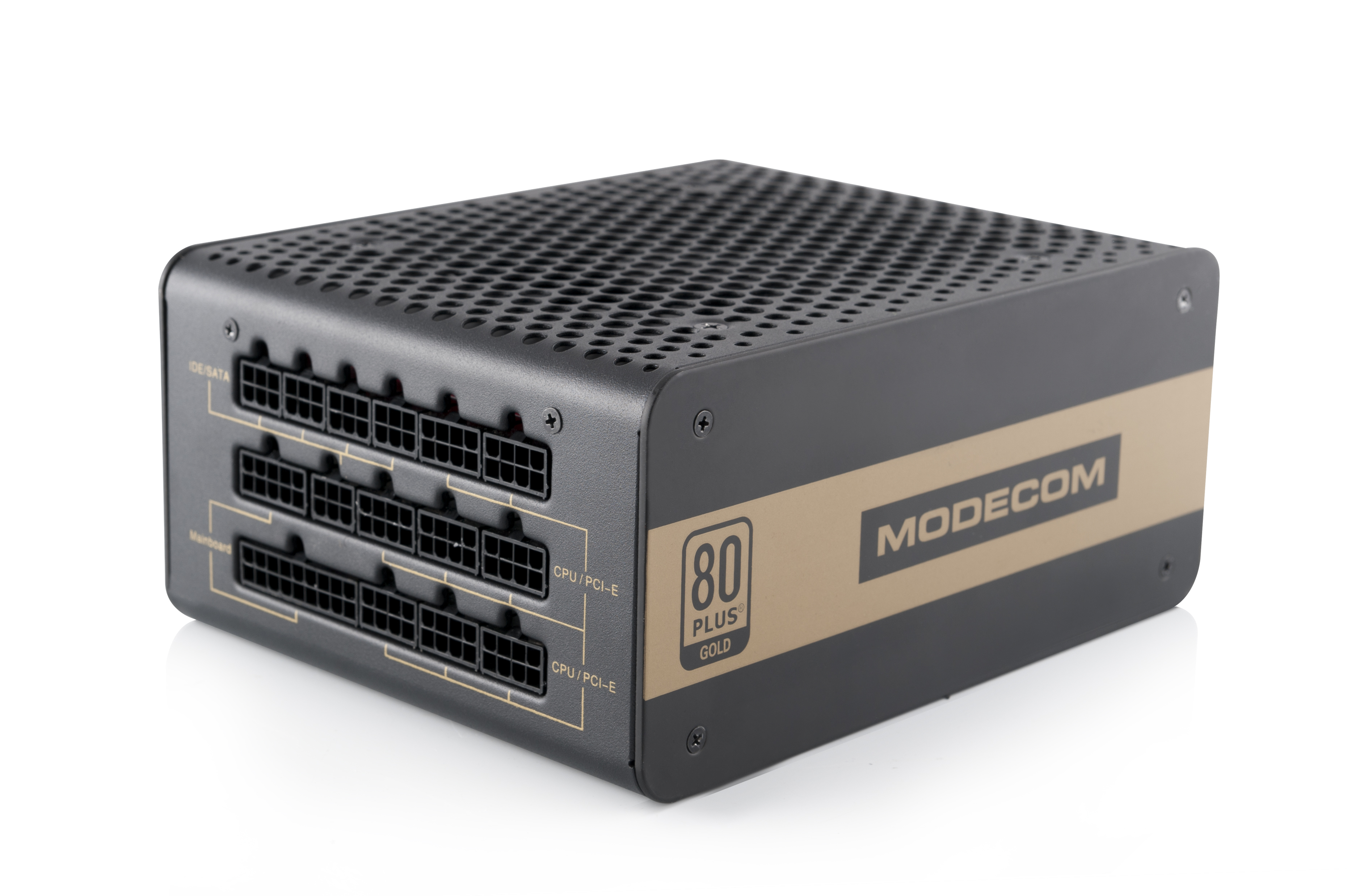 Alimentatore nero con connettori, logo 'MODECOM' ed etichetta '80 PLUS GOLD', su sfondo bianco.