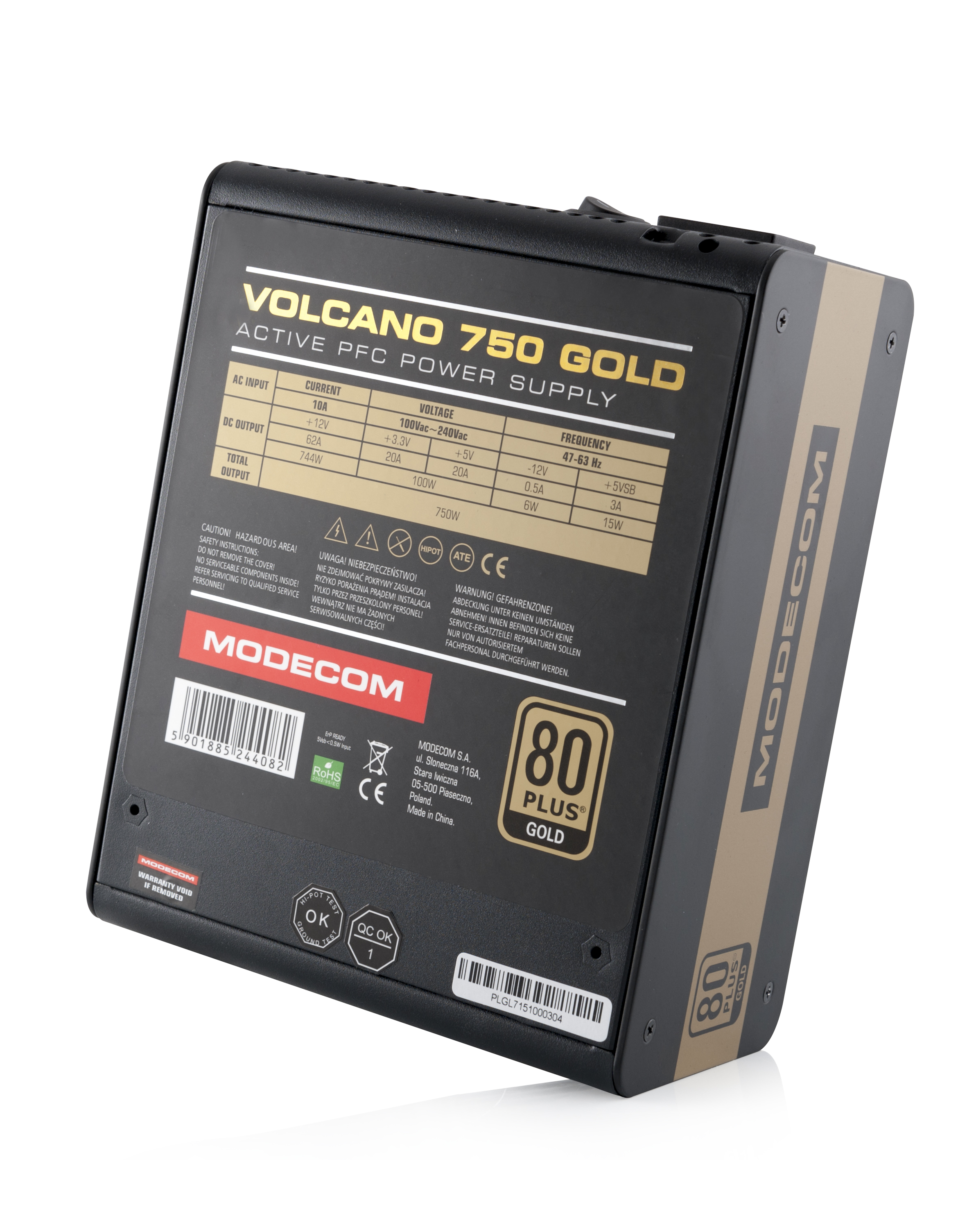 Alimentatore nero con dettagli dorati. Scritto "VOLCANO 750 GOLD". Ha diversi adesivi ed etichette.
