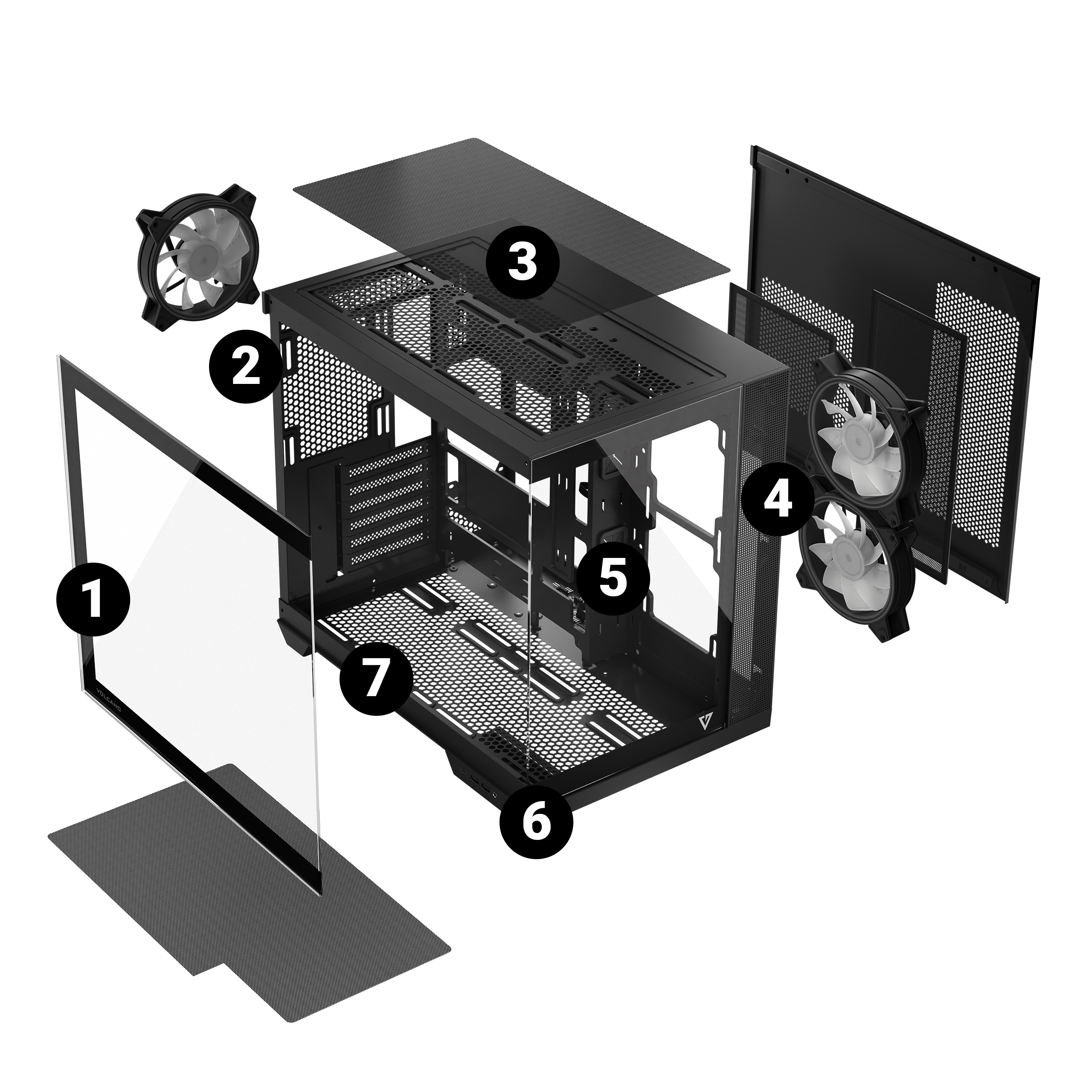 Widok rozstrzelony obudowy komputera. Pokazuje ponumerowane komponenty, w tym wentylatory, panele boczne i strukturę wewnętrzną.
