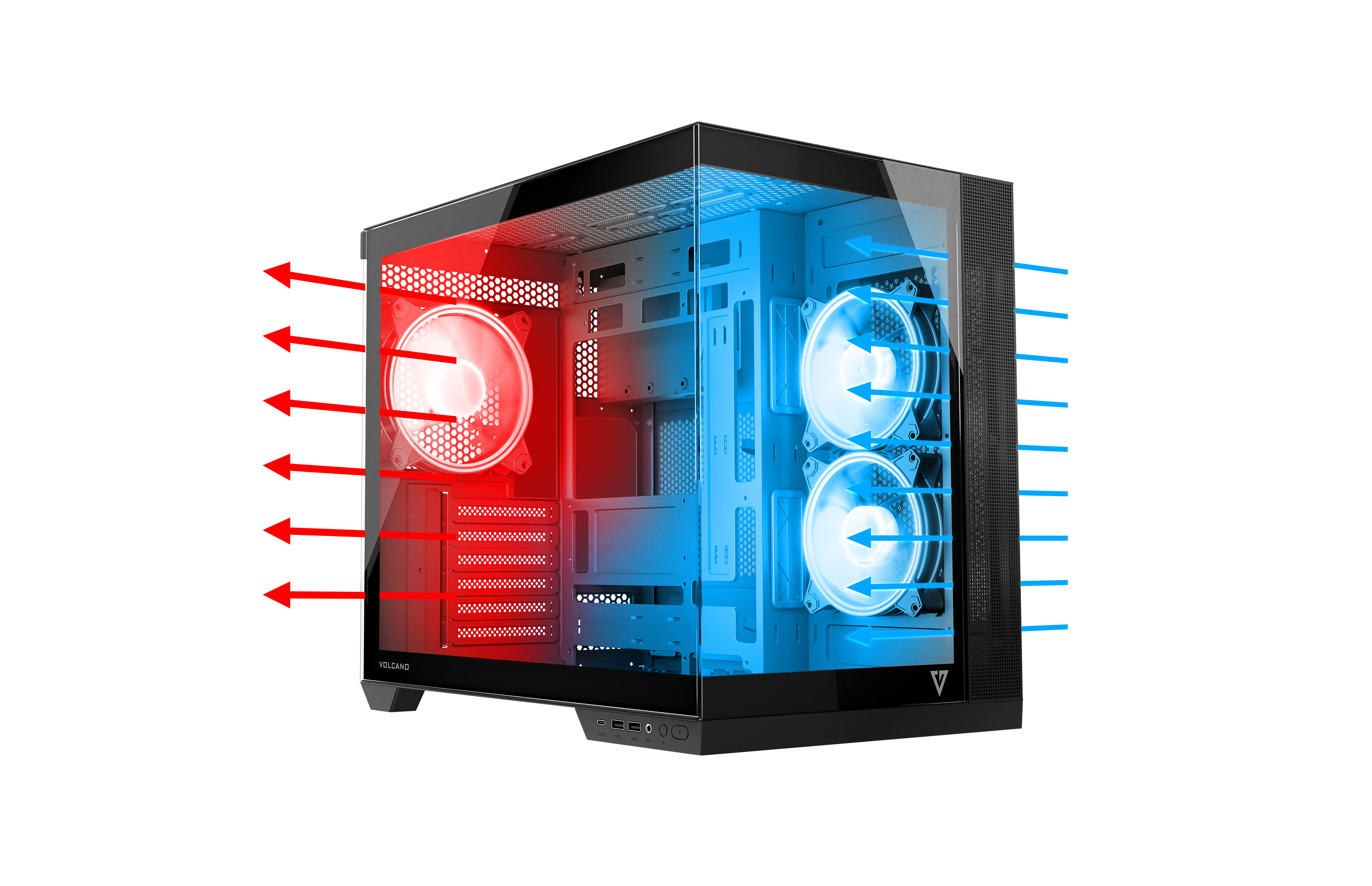 Czarna obudowa komputera z wentylatorami. Czerwone strzałki wskazują wlot powietrza, niebieskie wylot. Przezroczysty panel.