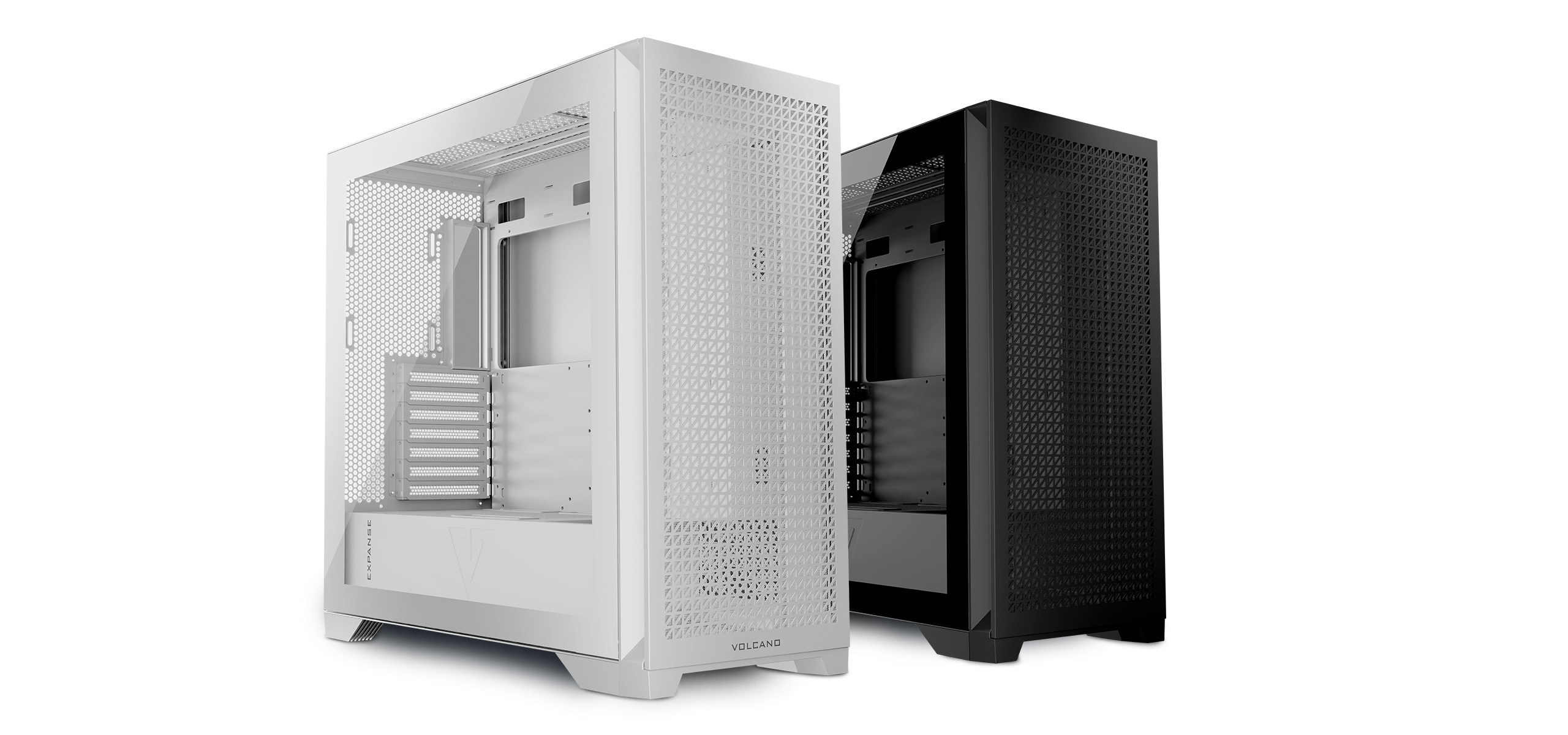Dwie obudowy komputera: jedna biała i jedna czarna, obie z siatkowymi frontami, oznaczone 'VOLCANO', na białym tle.