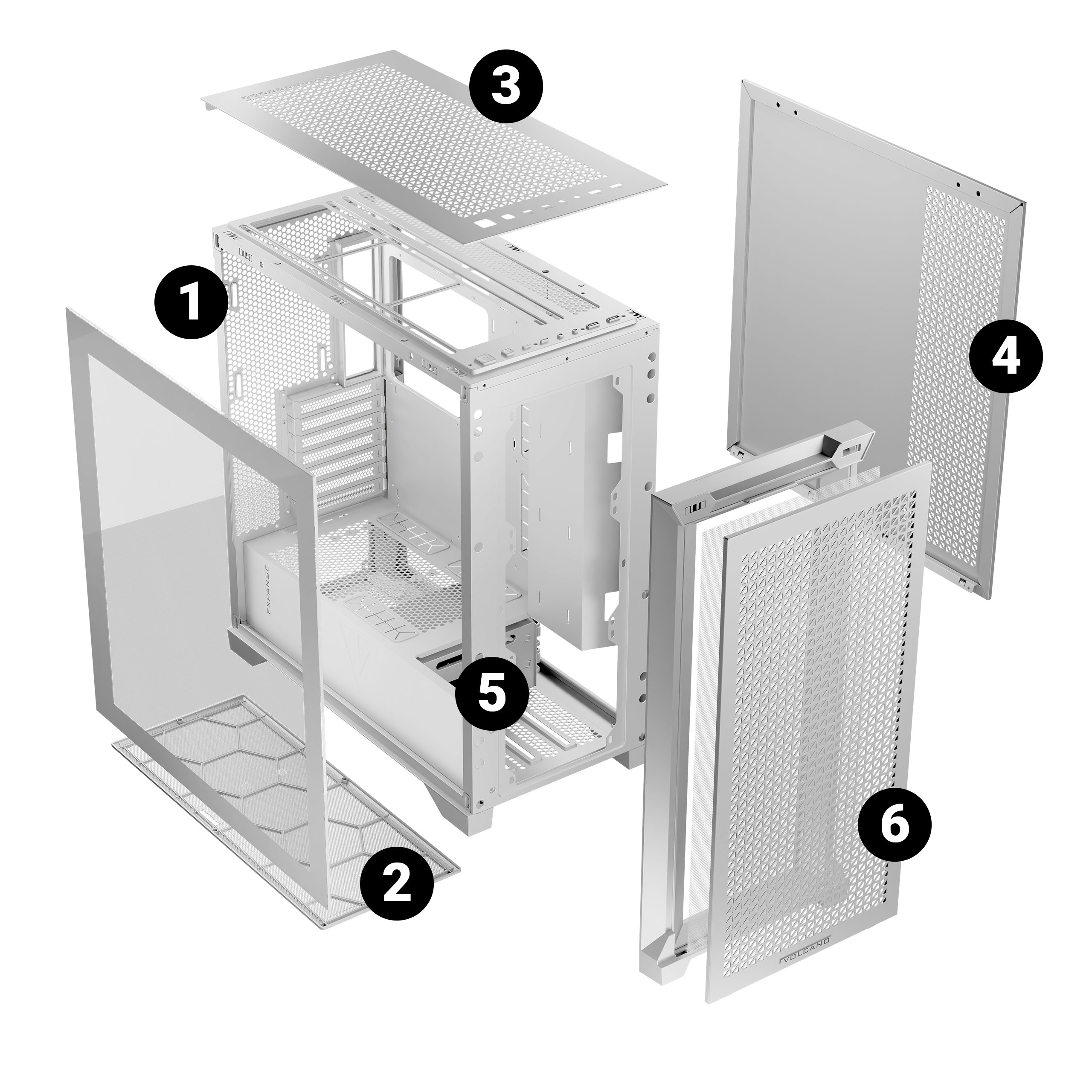 Widok rozstrzelony obudowy komputera, pokazujący komponenty. Panele boczne, góra.