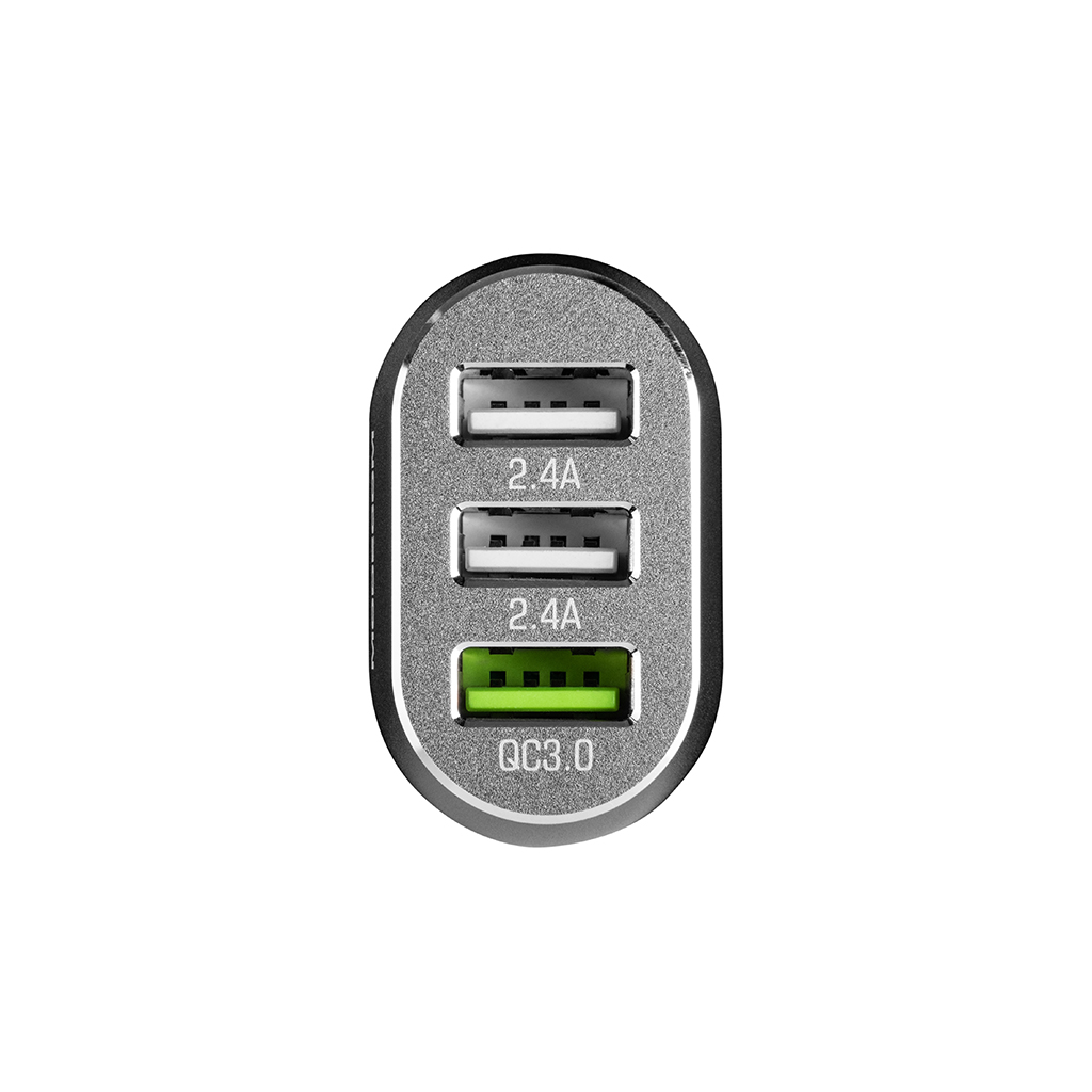 Srebrna ładowarka USB z trzema portami, dwoma portami 2,4A i jednym portem QC3.0.