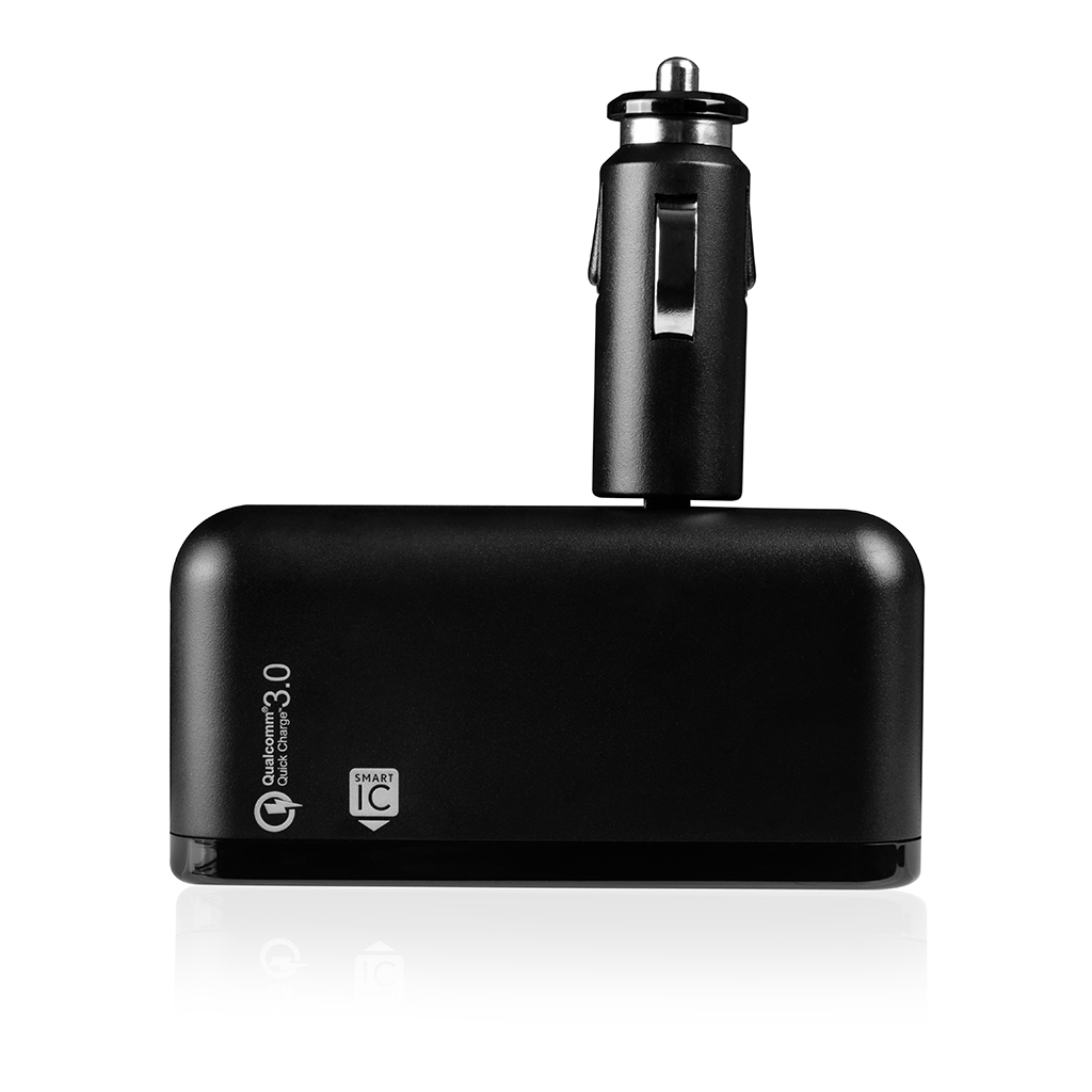 Czarna ładowarka samochodowa ze srebrnymi akcentami. Logo Qualcomm Quick Charge 3.0 z boku.