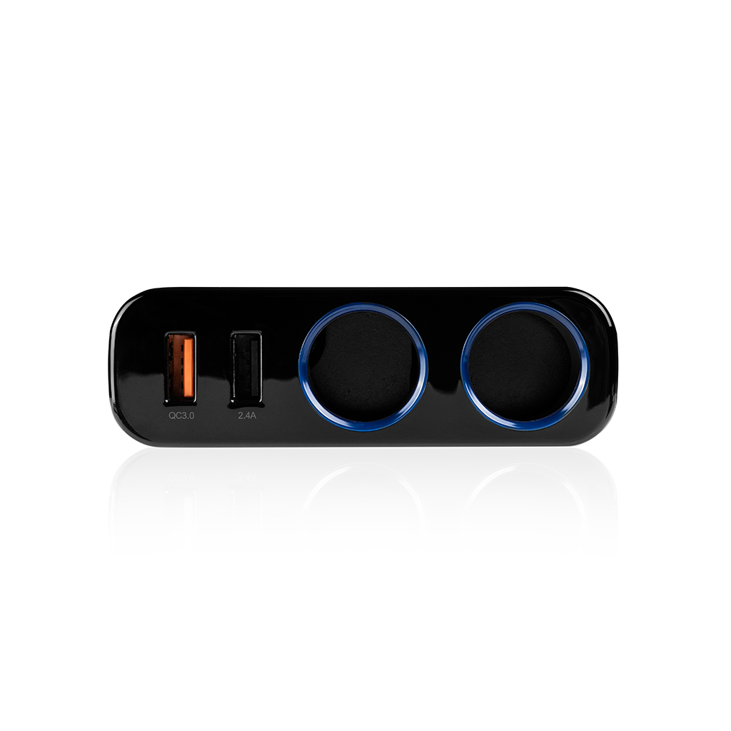 Czarna ładowarka samochodowa z portami USB i zapalniczki.