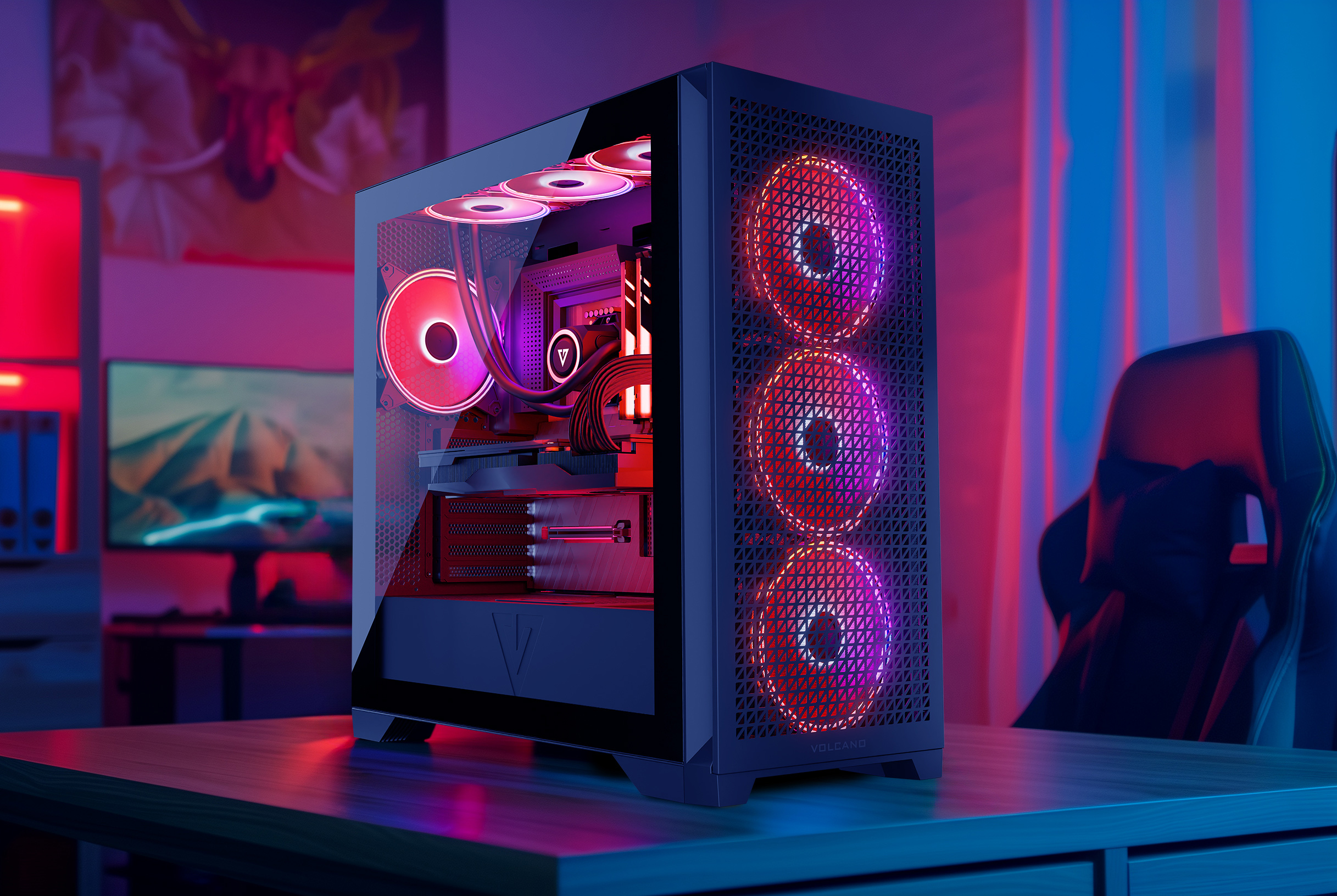 Obudowa komputera ze szklanym bokiem, wentylatorami RGB i komponentami w środku, na drewnianym stole.