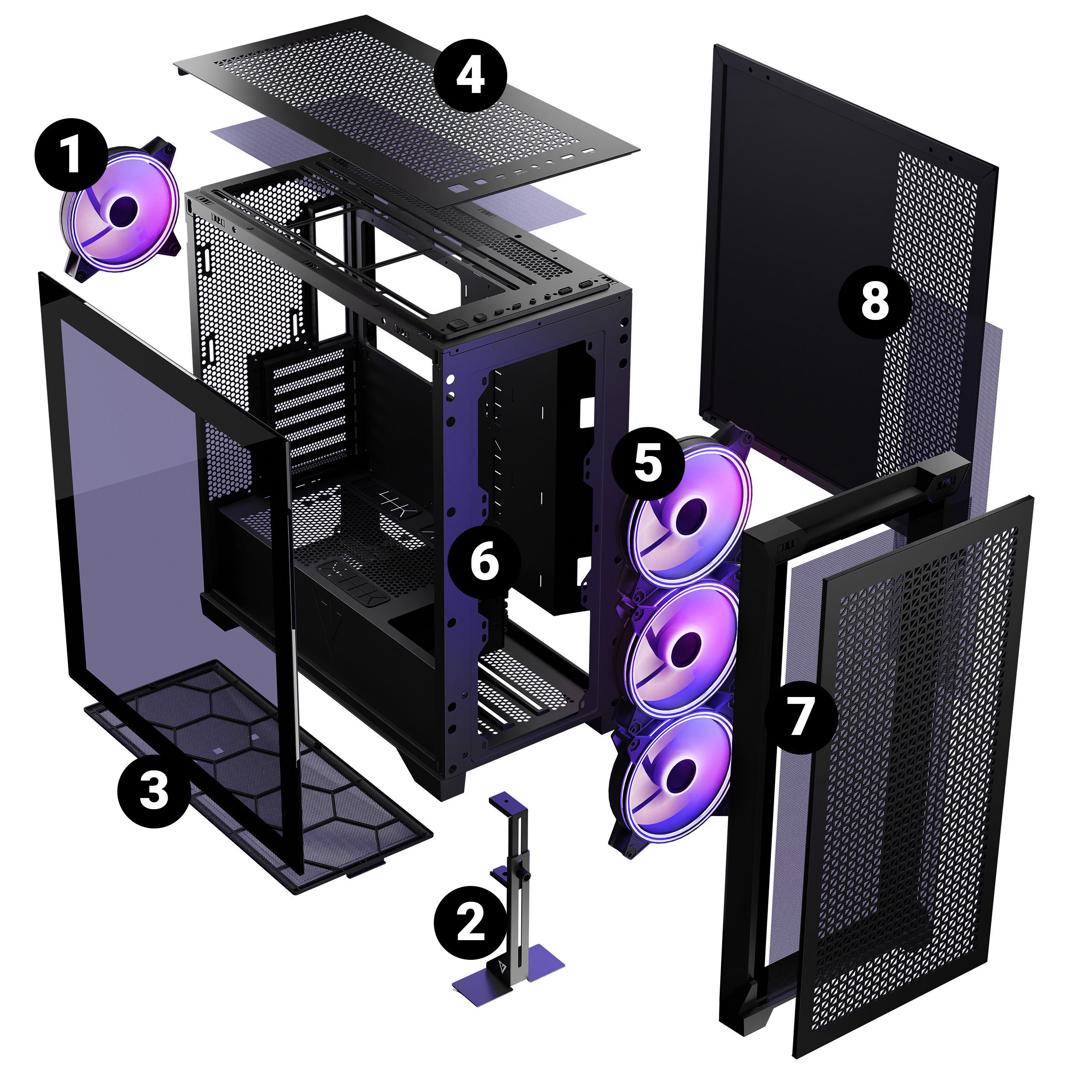 Widok rozłożony czarnej obudowy komputera z elementami 1-8, w tym wentylatorami, panelami bocznymi i ramą.