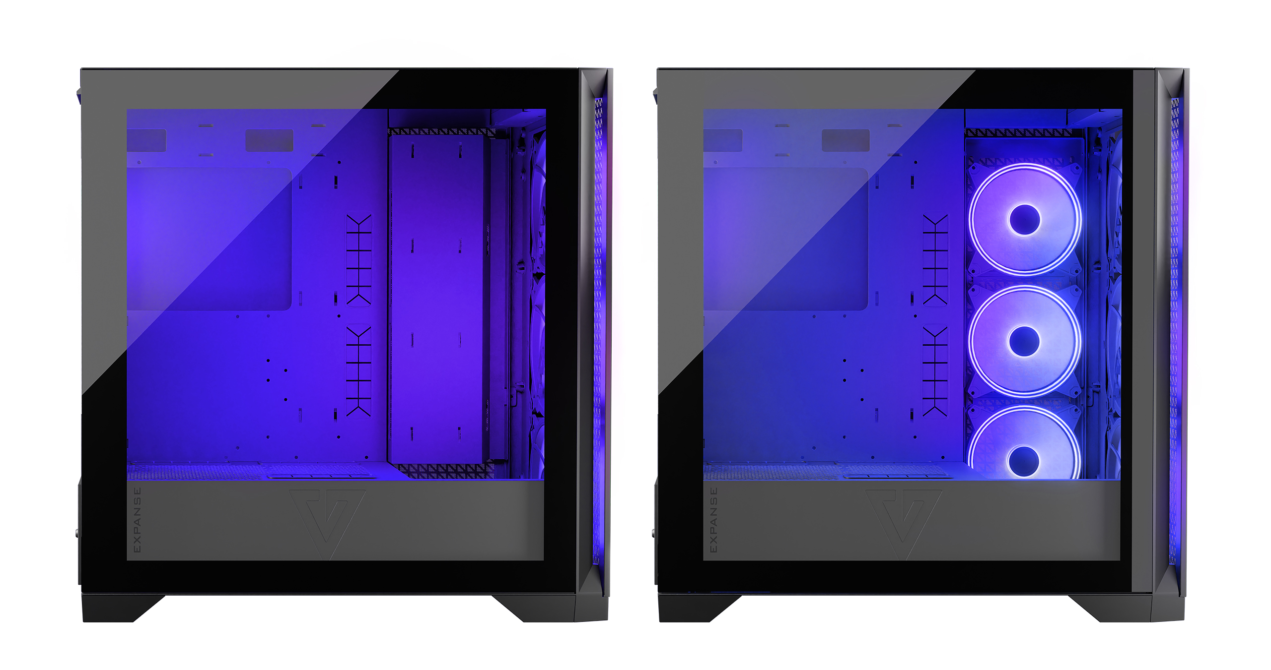 Dwie obudowy komputerowe, czarne ze szklanymi panelami, prezentujące komponenty wewnętrzne z LED.