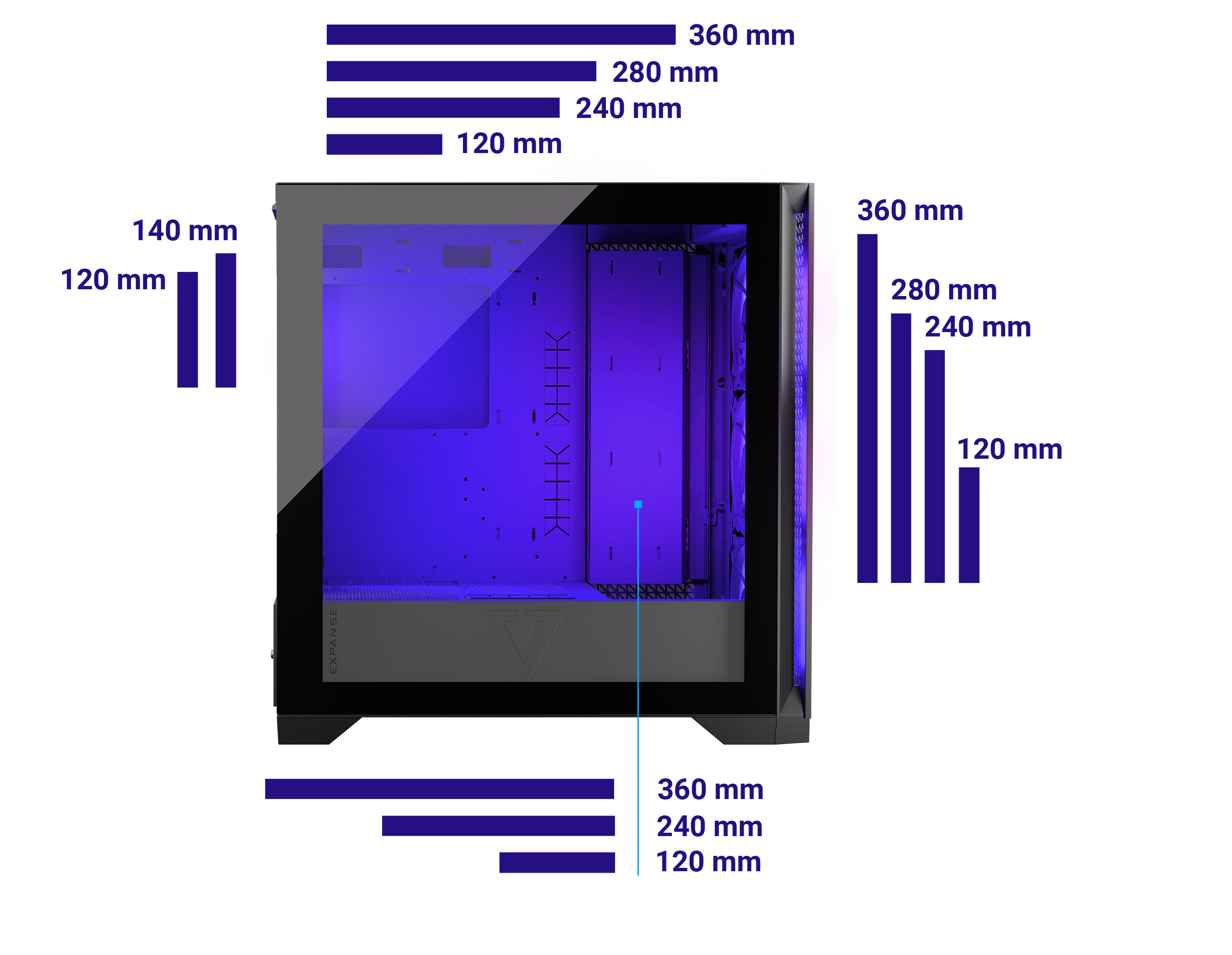 Obudowa komputera z zaznaczonymi wymiarami. Przezroczysty panel boczny, z pomiarami.