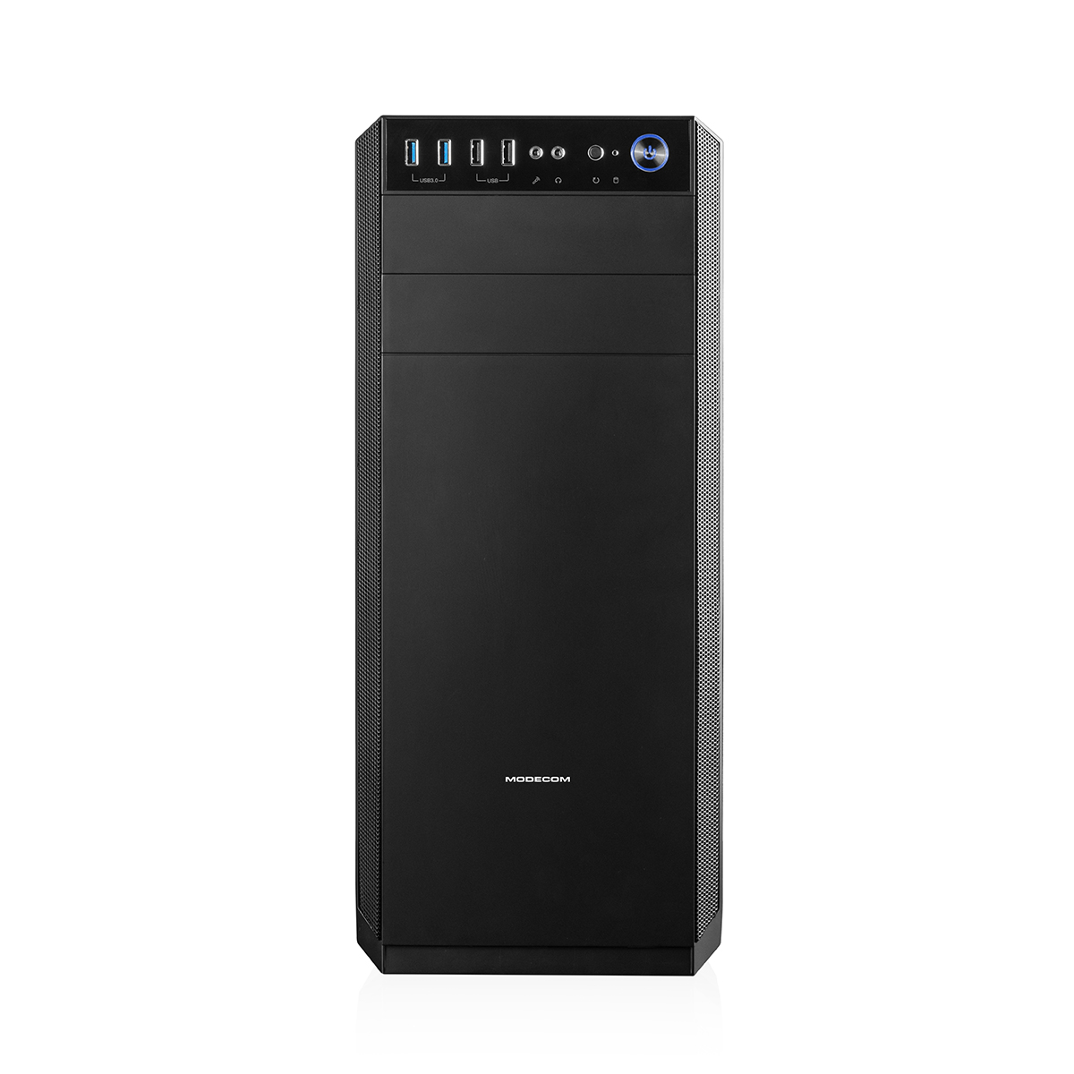 Czarna obudowa komputera z logo Modecom, z panelem przednim z różnymi portami i przyciskami.