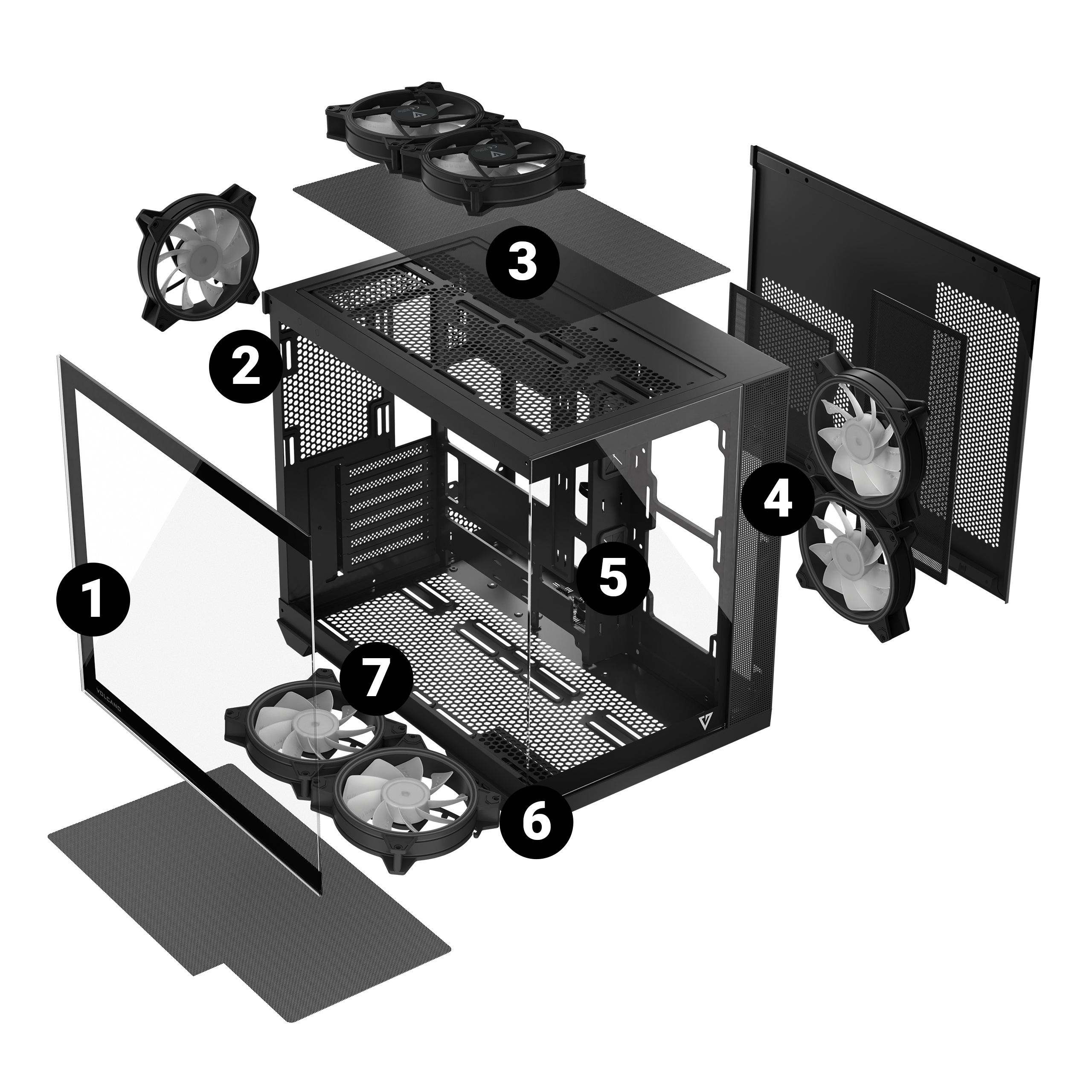 Widok rozstrzelony obudowy komputera, z oznaczonymi elementami 1-7.