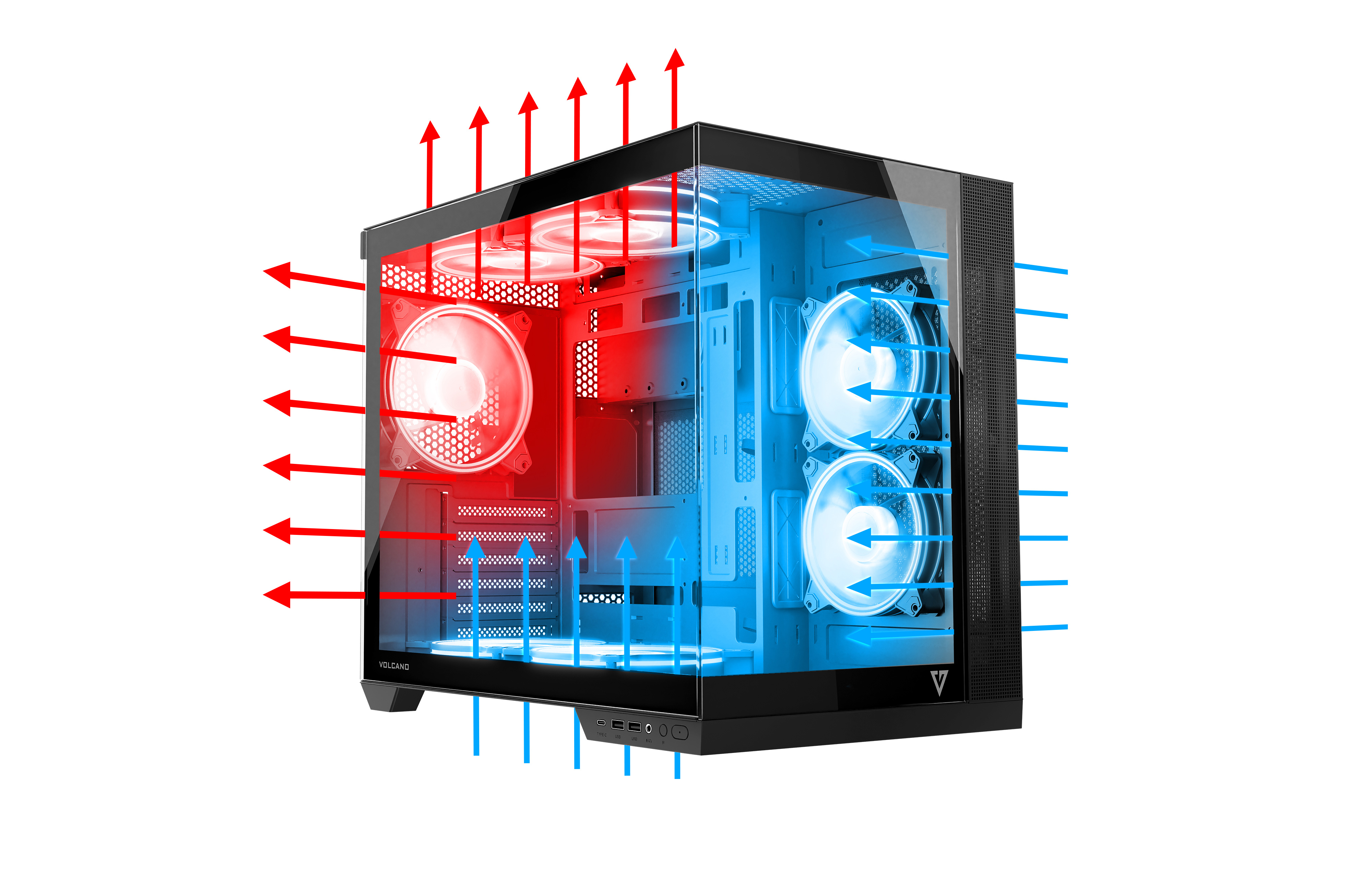 Obudowa komputera z panelem szklanym. Czerwone i niebieskie strzałki wskazują przepływ powietrza.