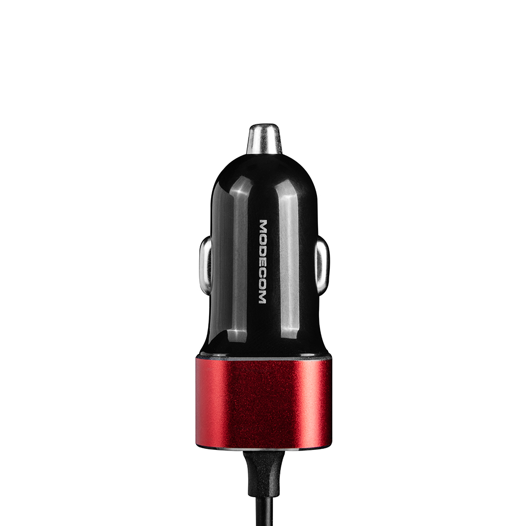 Czarna i czerwona ładowarka samochodowa z logo Modecom. Ładowarka jest podłączona do czarnego kabla.