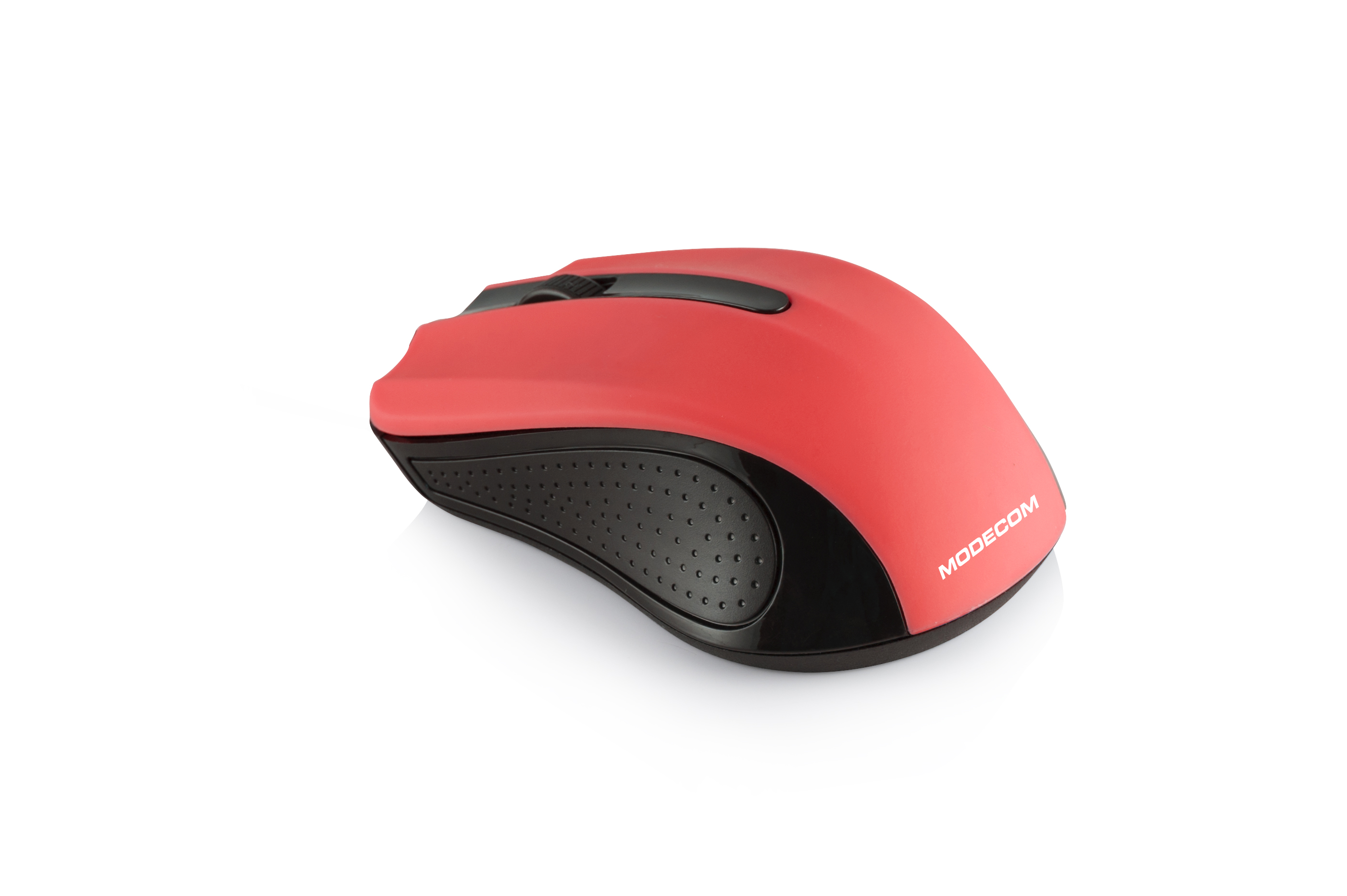 Czerwona i czarna bezprzewodowa mysz komputerowa na białym tle.