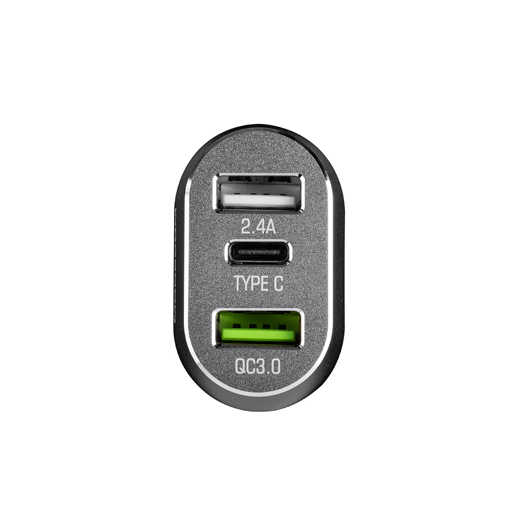 Srebrna ładowarka samochodowa USB z 2 portami USB i portem Type-C, QC3.0.