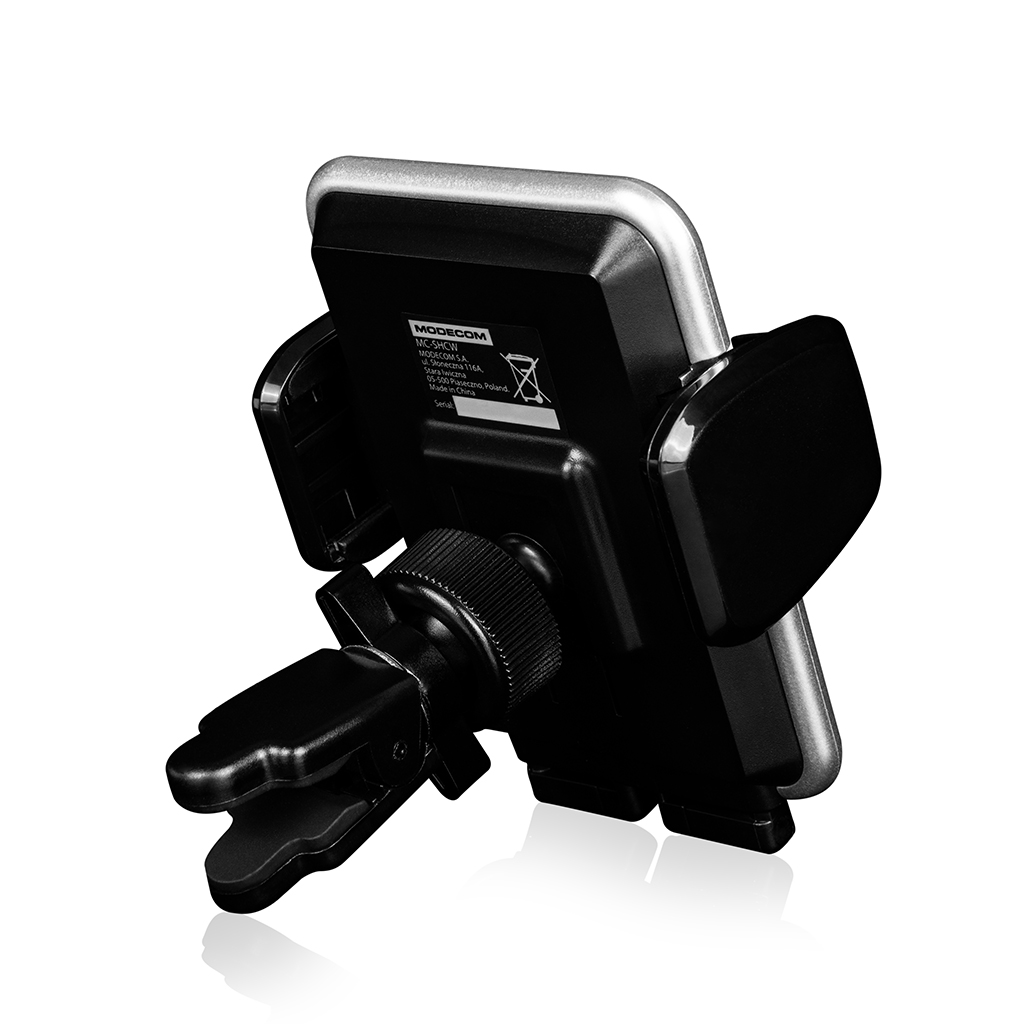 Czarny uchwyt samochodowy na telefon, widok z tyłu, z logo i klipsem.