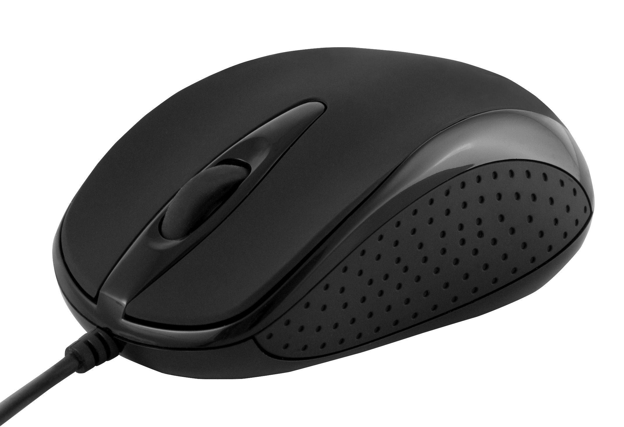 Czarna mysz komputerowa z kółkiem przewijania i kablem. Białe tło.