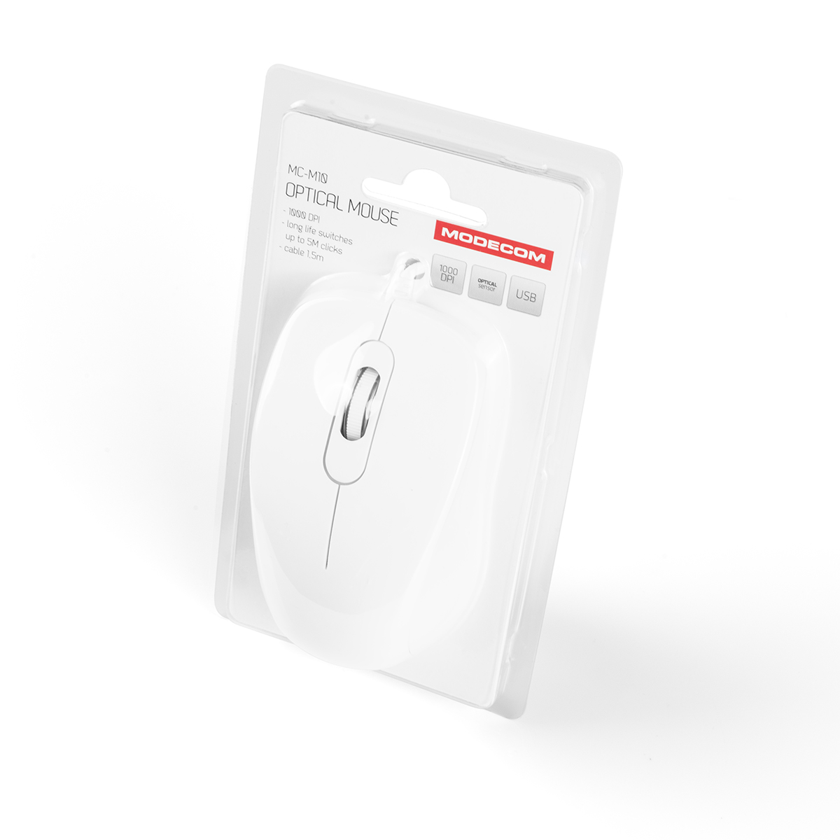Biała mysz komputerowa w plastikowym opakowaniu. Opakowanie prezentuje szczegóły myszy.