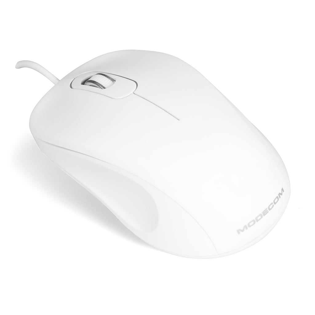 Biała mysz komputerowa, widok pod kątem, z kółkiem przewijania i logo.