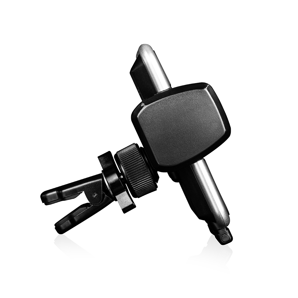 Uchwyt na telefon do kratki wentylacyjnej w samochodzie. Czarny i srebrny.