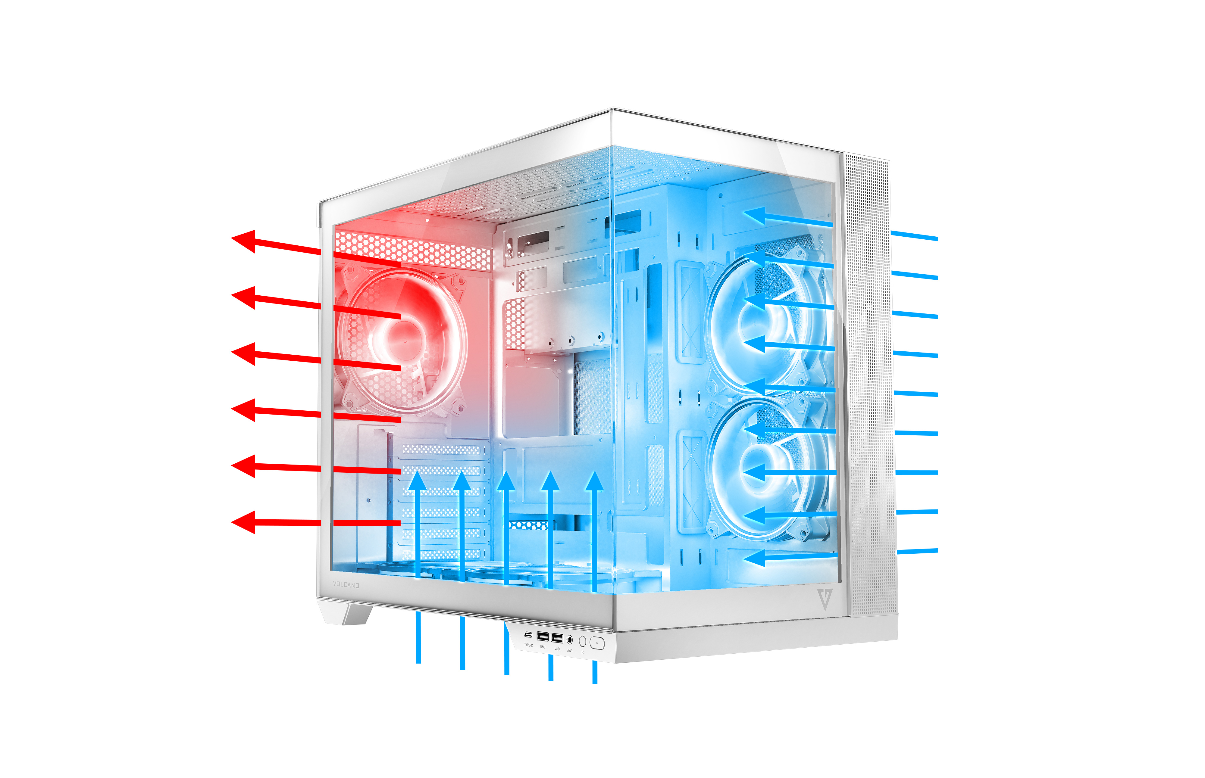 Biała obudowa komputera z czerwonymi i niebieskimi strzałkami pokazującymi kierunek przepływu powietrza, na białym tle.