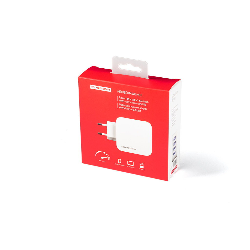 Pudełko z ładowarką i akcesoriami, z nazwą marki i szczegółami produktu.