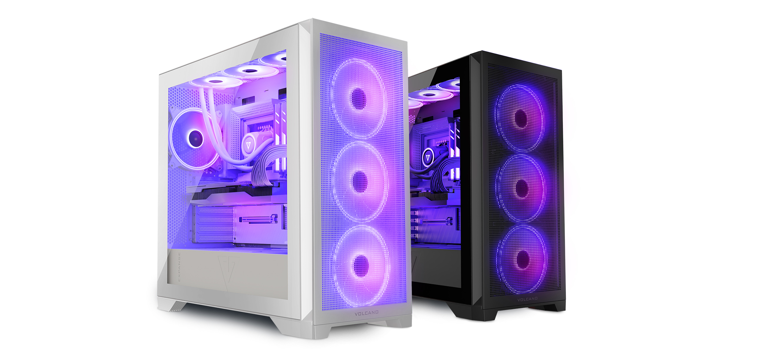 Dwie białe i czarne obudowy komputera ze światłami i komponentami.