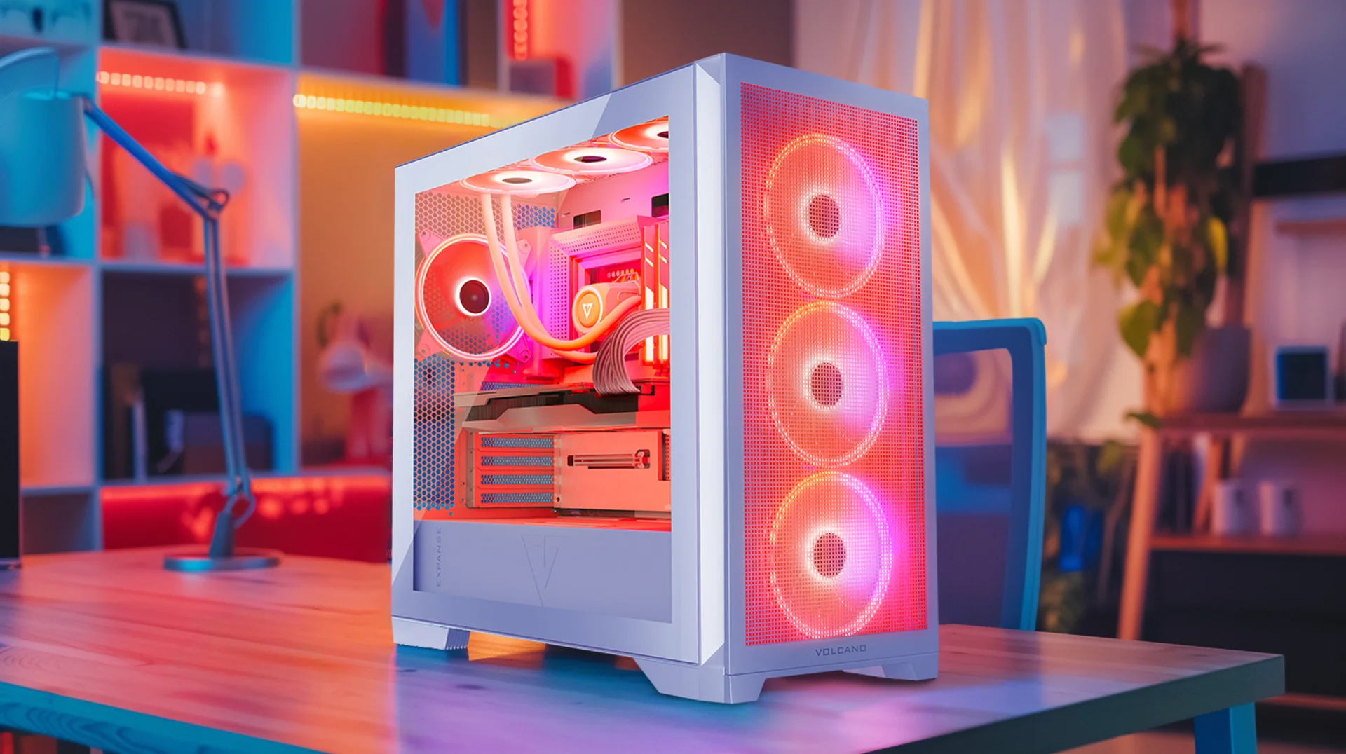 Nowoczesna konfiguracja komputera, z białą obudową, wentylatorami i kolorowymi światłami wewnątrz na biurku.