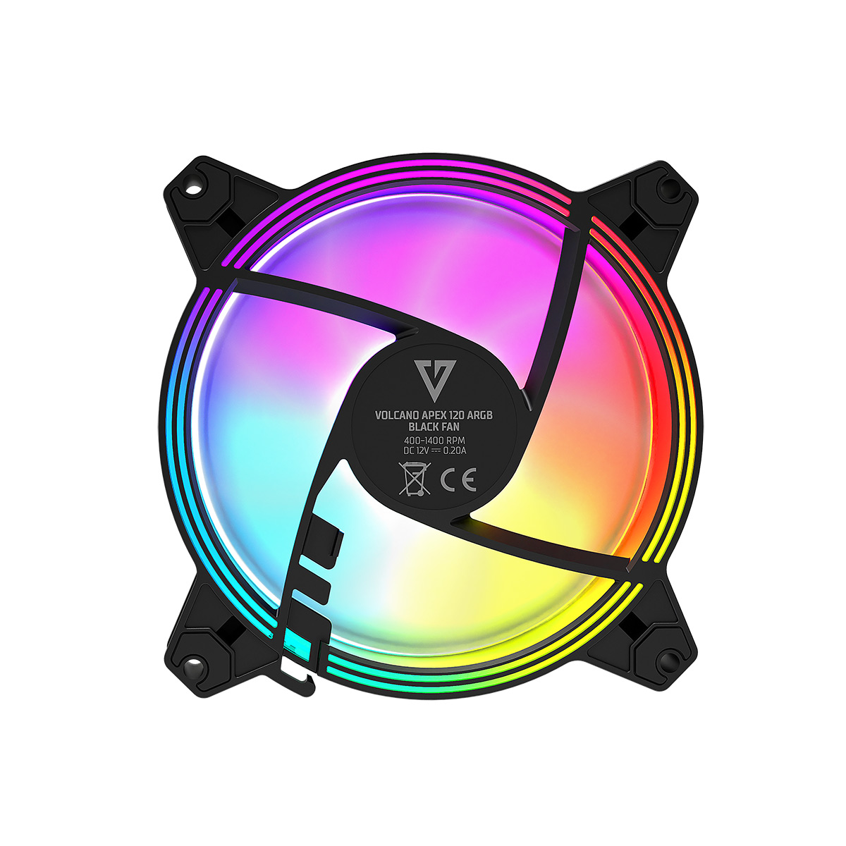 Wentylator RGB do komputera z czarną ramką na białym tle. Widoczne łopatki.