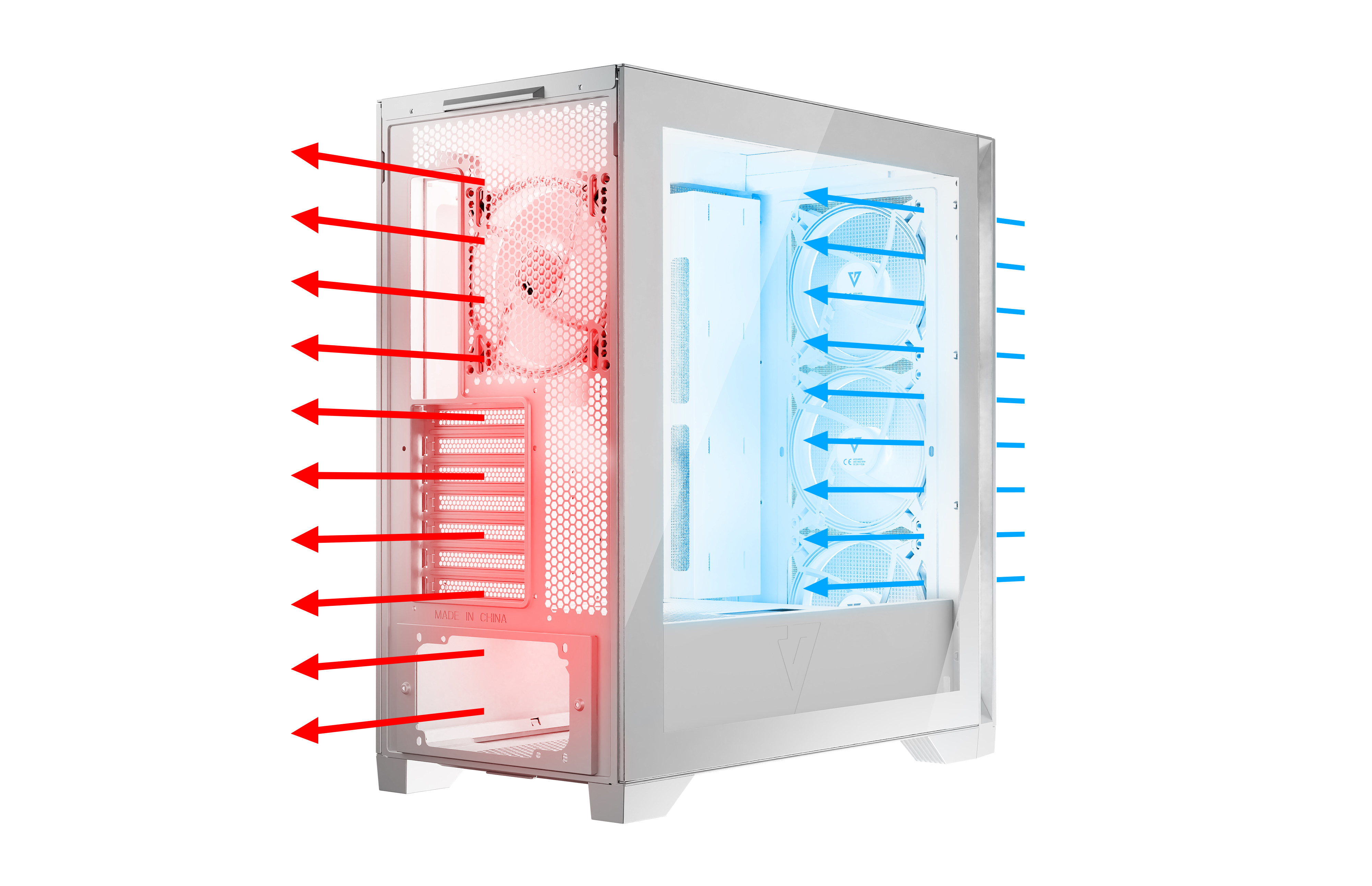 Obudowa komputera ze strzałkami wskazującymi przepływ powietrza: czerwony na zewnątrz i niebieski do wewnątrz. Białe tło.