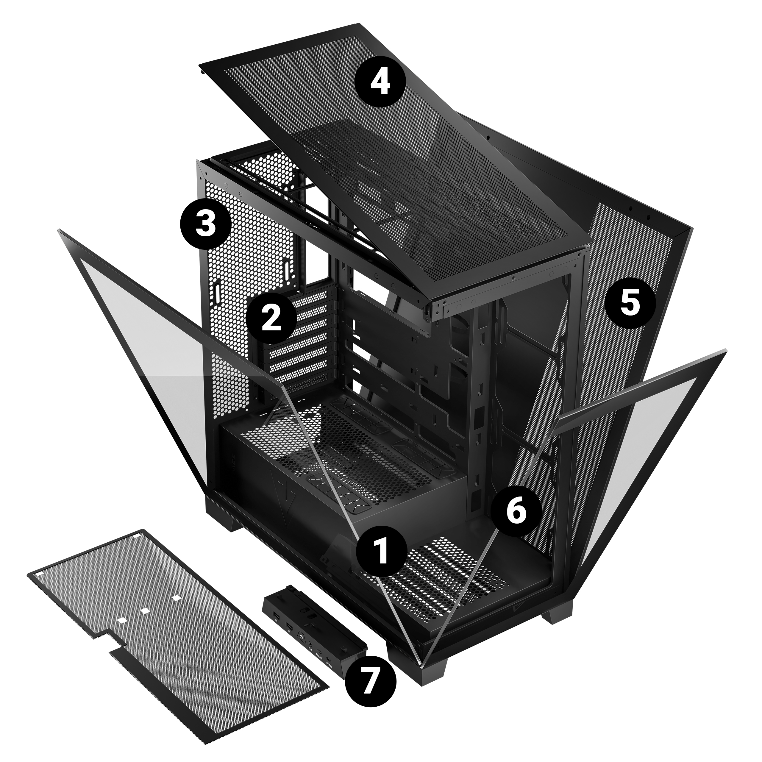 Części obudowy komputera zdemontowane na białym tle. Widoczne różne elementy.