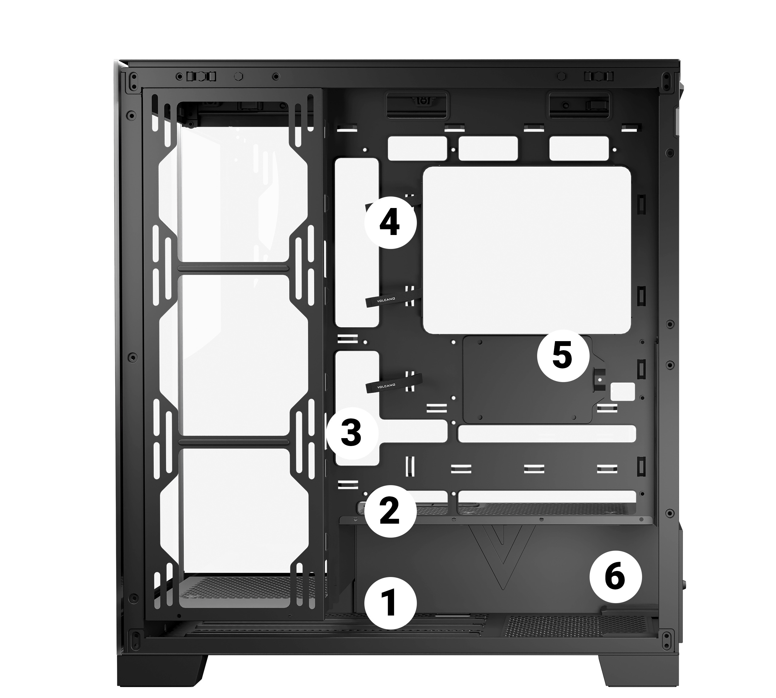 Wnętrze czarnej obudowy komputera, pokazujące różne obszary montażowe i otwory na komponenty.