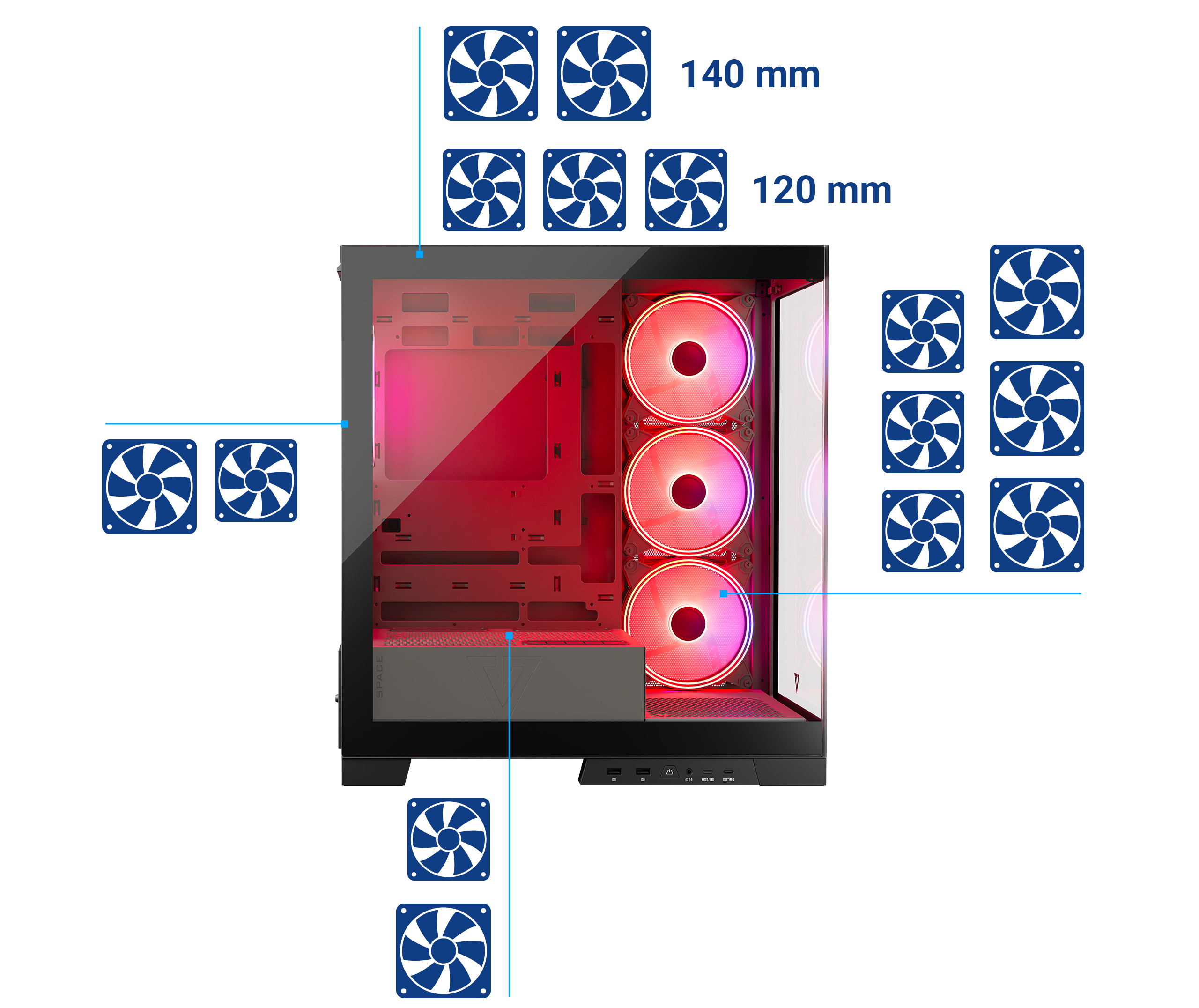 Obudowa komputera ze wskaźnikami rozmiaru wentylatora. Czerwone wnętrze, białe tło.