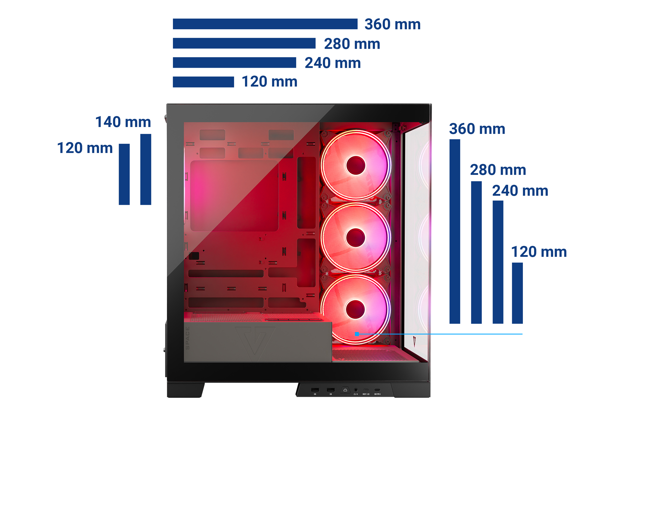Obudowa komputera ze wskaźnikami rozmiaru wentylatora. Czerwone wnętrze, białe tło.