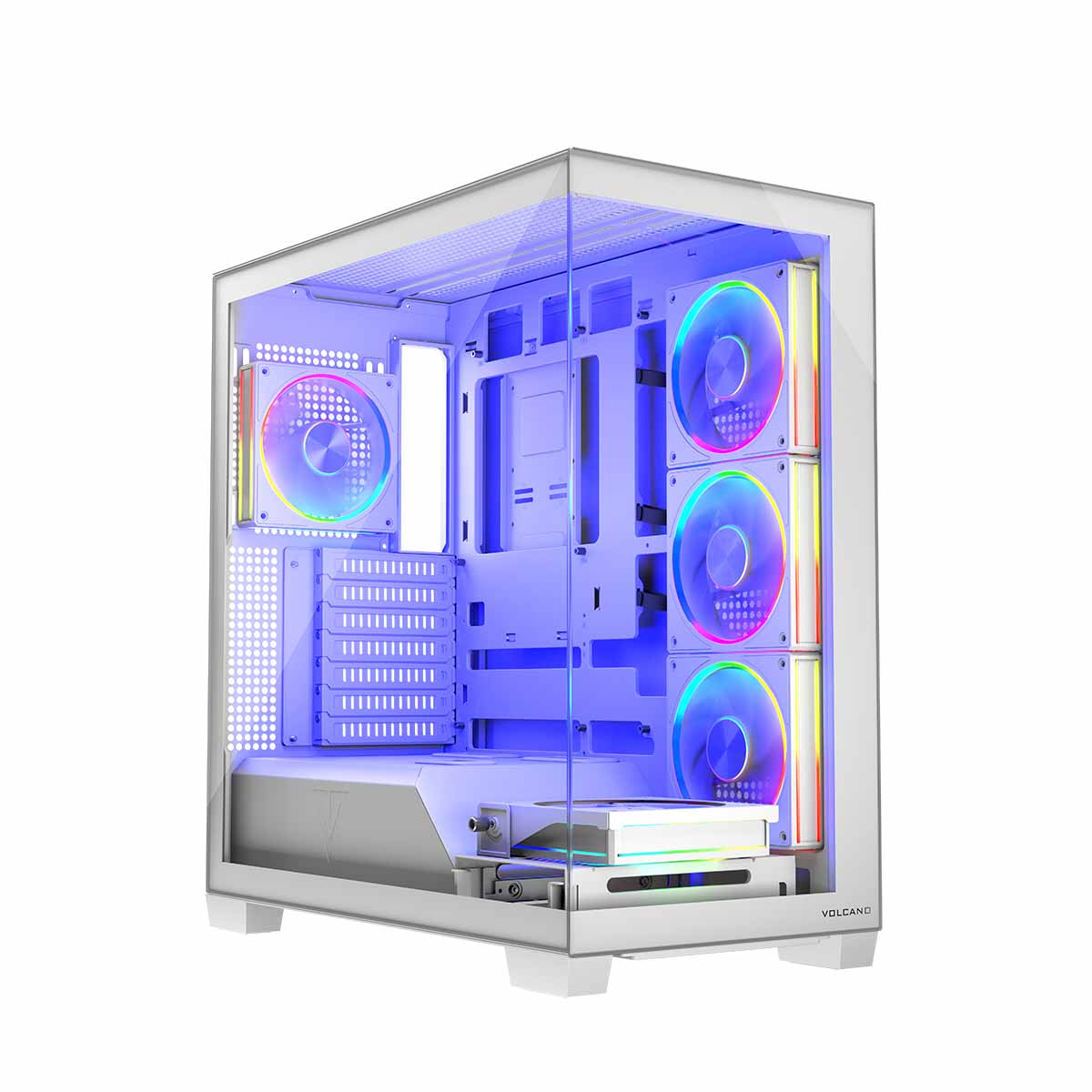 Biała obudowa komputera z wewnętrznymi komponentami i wentylatorami z tęczowymi światłami.