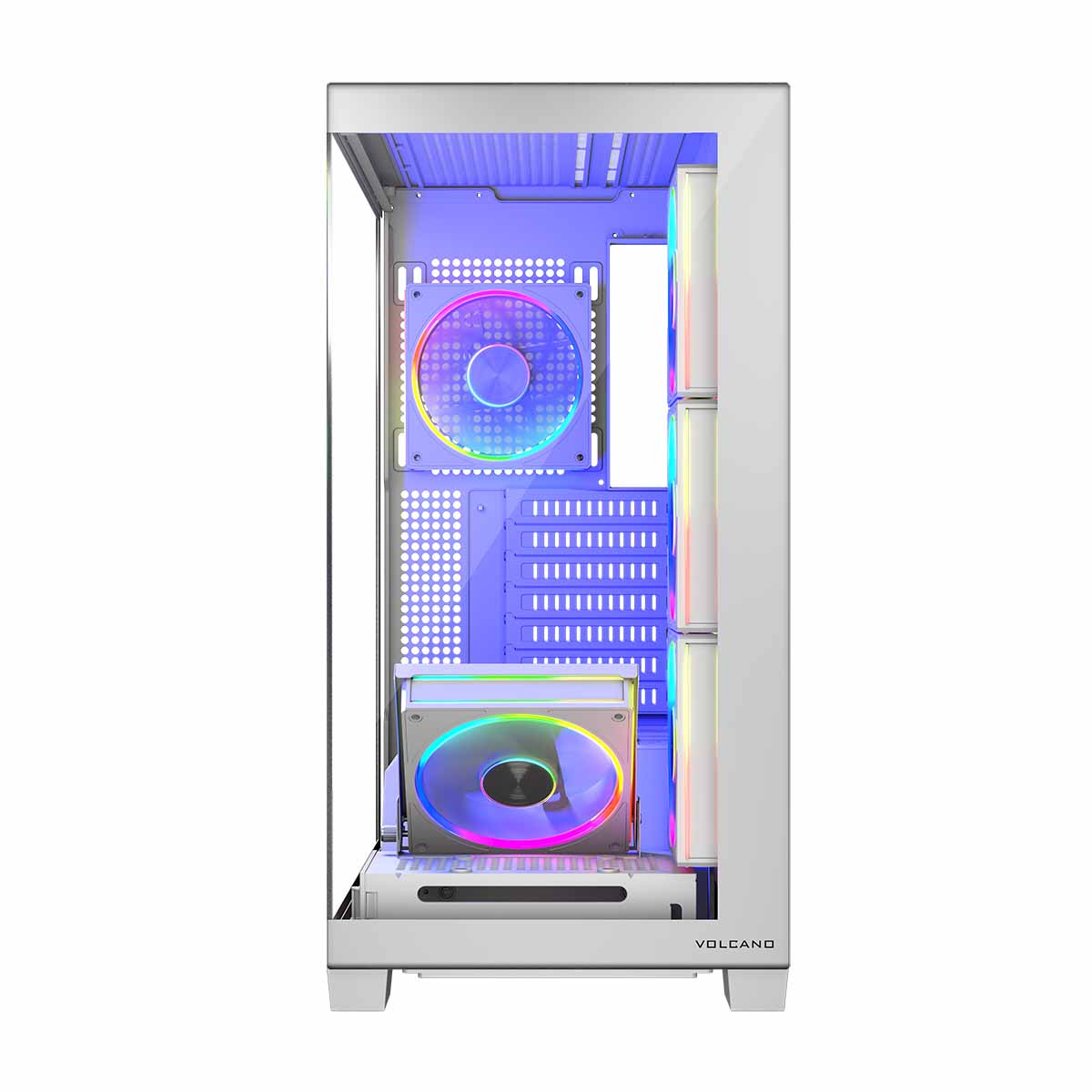 Biała obudowa komputera z widocznymi elementami wewnętrznymi i światłami. Białe tło.