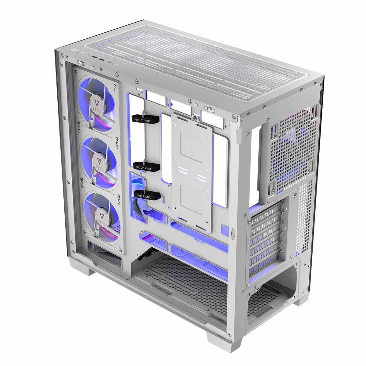 Otwarta biała obudowa komputera, pokazująca wewnętrzne komponenty i wentylatory z niebieskimi światłami.