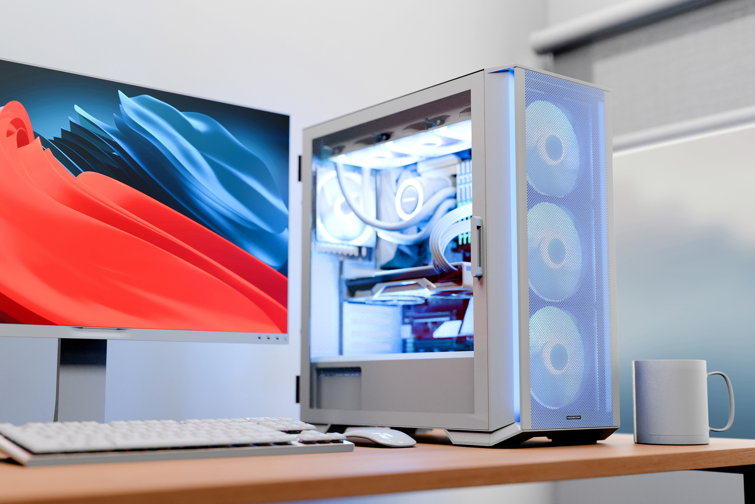 Konfiguracja komputera z obudową PC na drewnianym biurku z monitorem, klawiaturą i kubkiem.