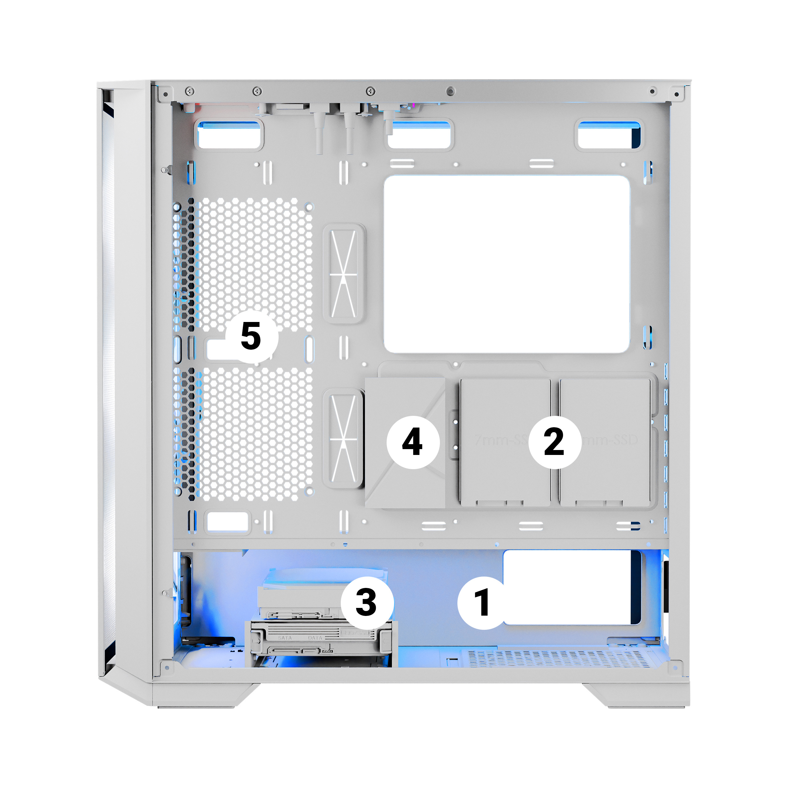 Widok wewnątrz białej obudowy komputera, pokazujący układ wewnętrzny i ponumerowane przegrody.