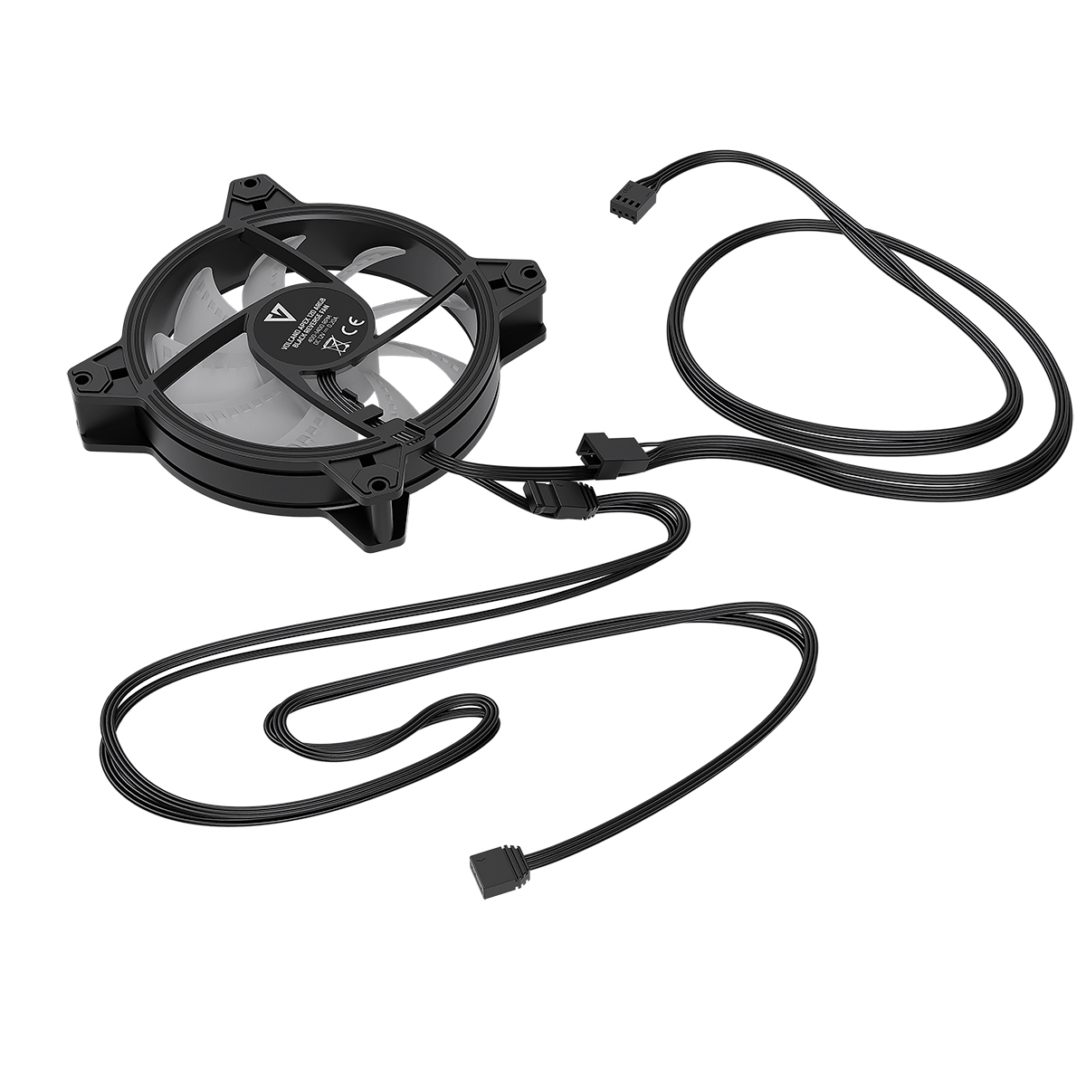 Wentylator komputerowy z czarnymi łopatkami i okablowaniem, widok z boku na białym tle.